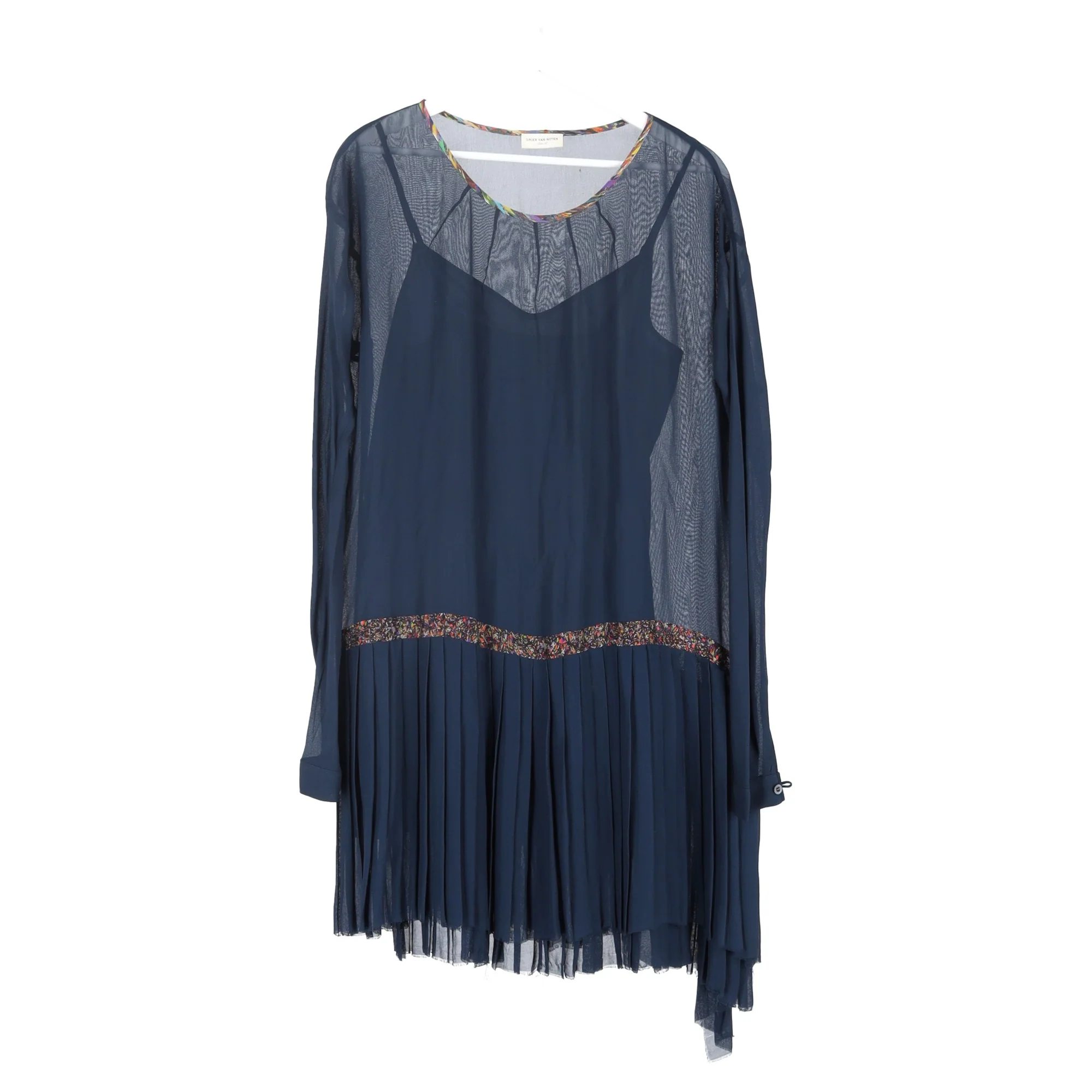 Women's Dries Van Noten Sheer Asymmetric Pleated Hem Dress in Navy Blue Rayon - Image 4