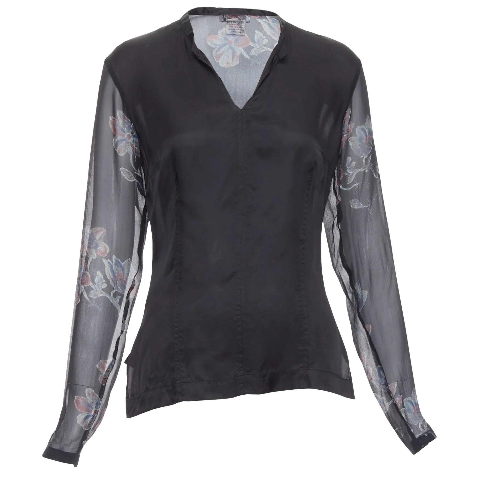 Women's Dries Van Noten silk floral sheer sleeve hi low blouse - Image 3