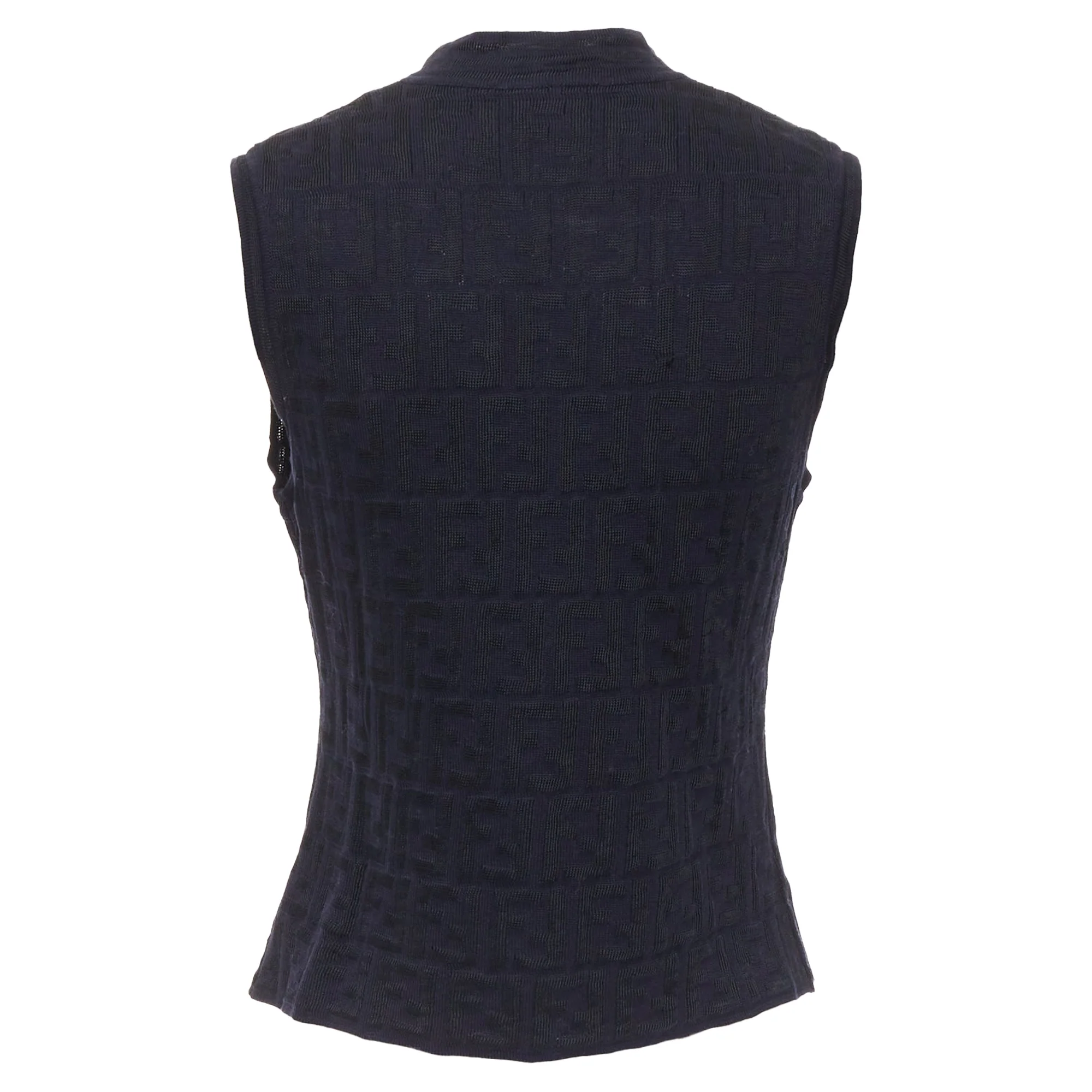 Women's FENDI 1990s Maglia Vintage black navy FF Zucca monogram knit vest top IT40 S - Image 5