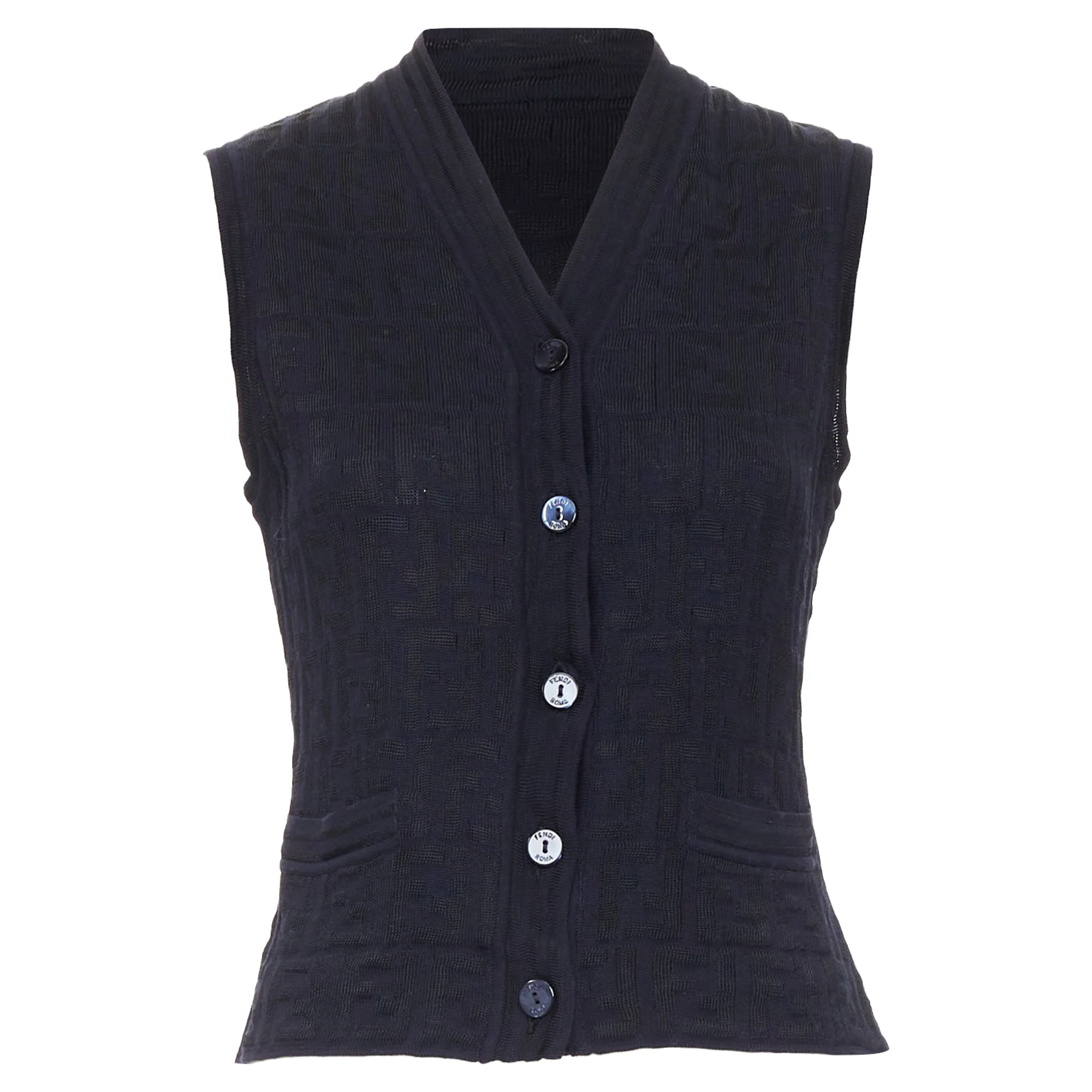 Women's FENDI 1990s Maglia Vintage black navy FF Zucca monogram knit vest top IT40 S - Image 9