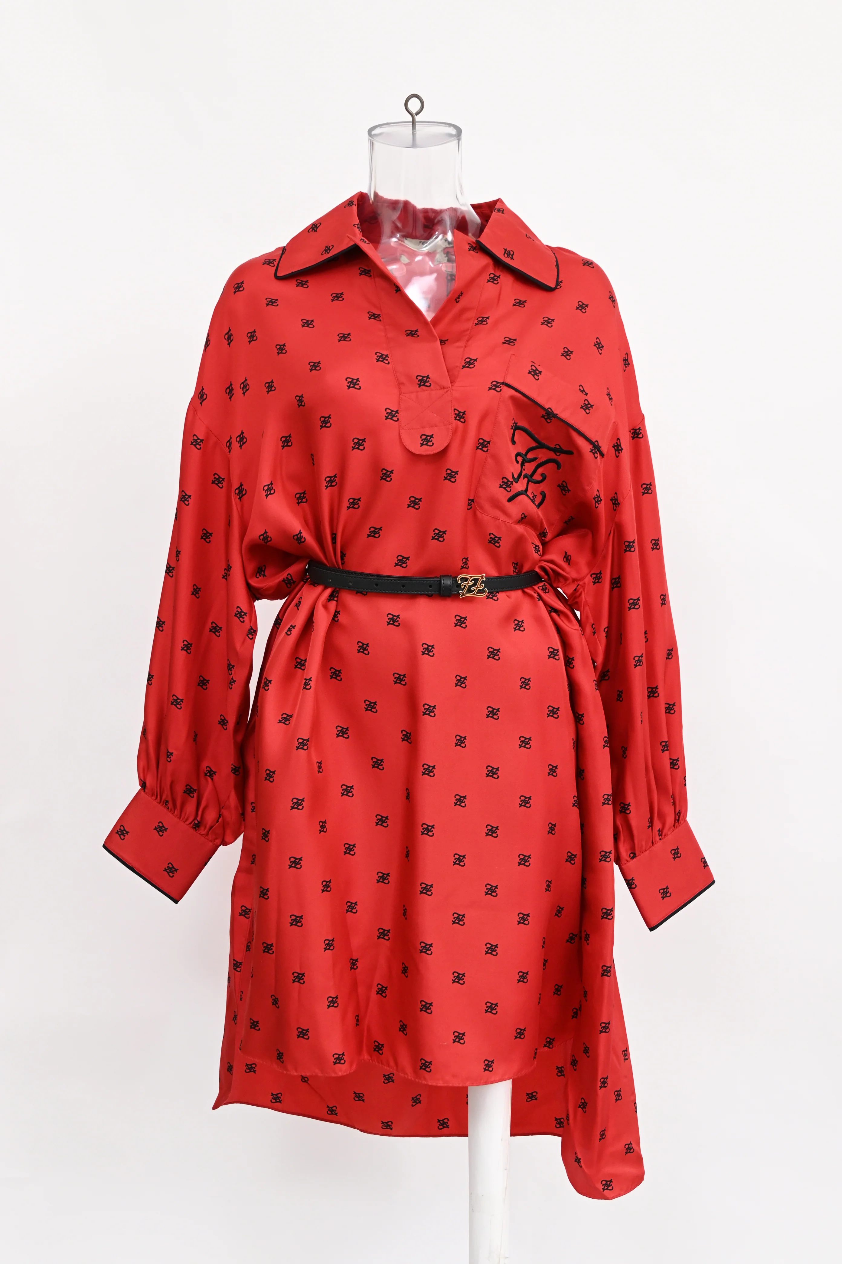 Women's Fendi Karligraphy Motif Print Shirt Dress In Red Silk - Image 5