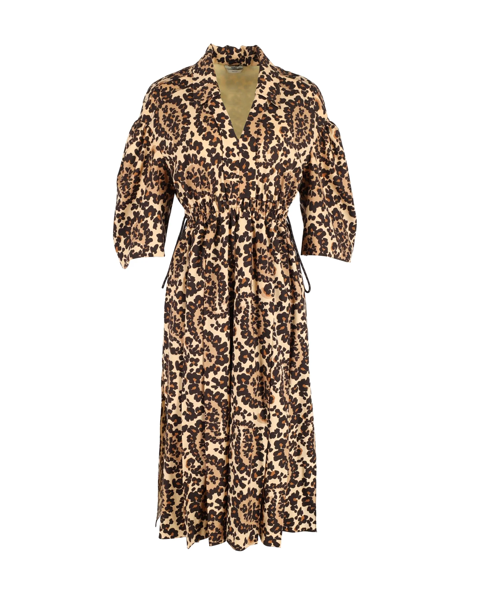 Women's Fendi Leopard-Print V-Neck Midi Dress in Brown Polyester