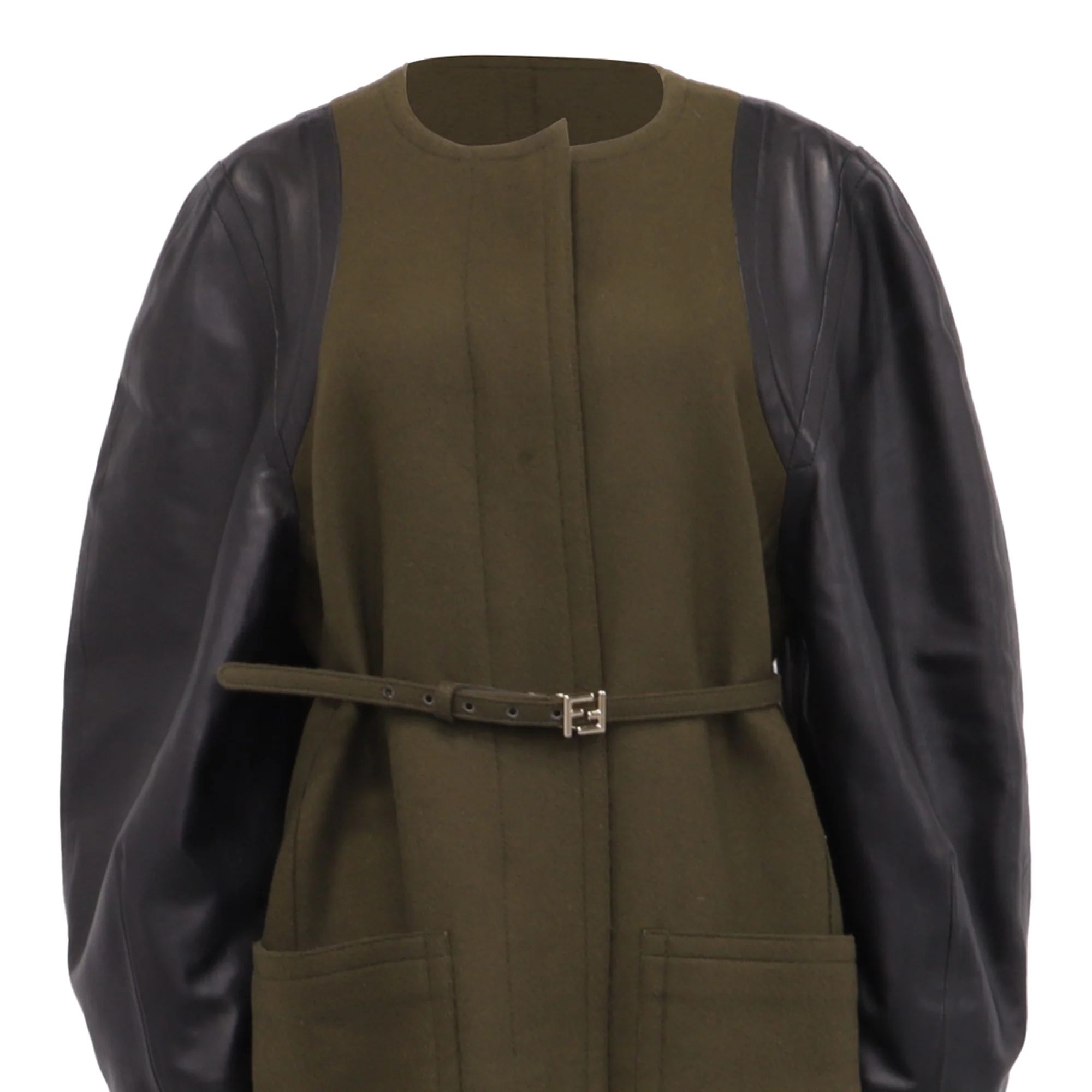 Women's Fendi Raglan Sleeve Belted Coat in Olive Wool - Image 2