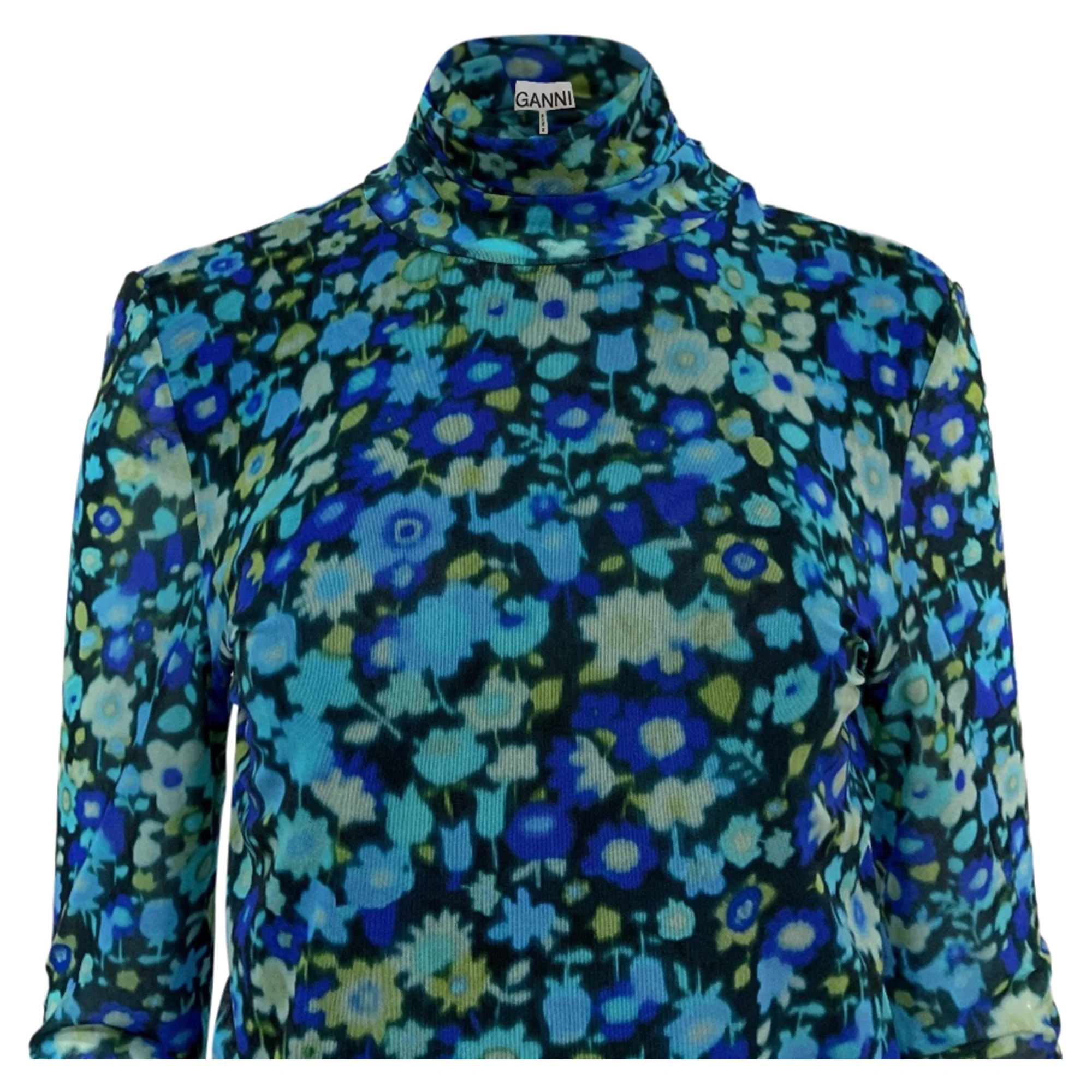 Women's Ganni Floral Printed Long Sleeve Top in Blue Polyamide - Image 2