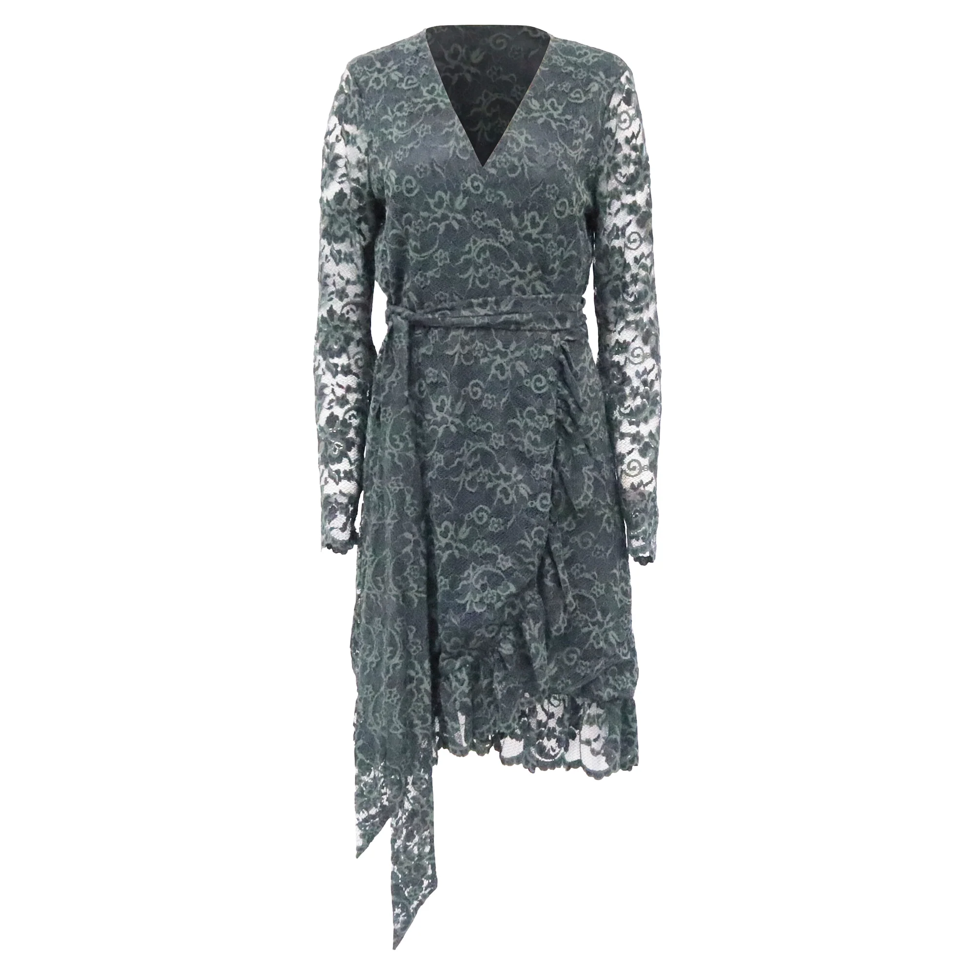 Women's Ganni Flynn Lace Wrap Dress in Green Polyamide
