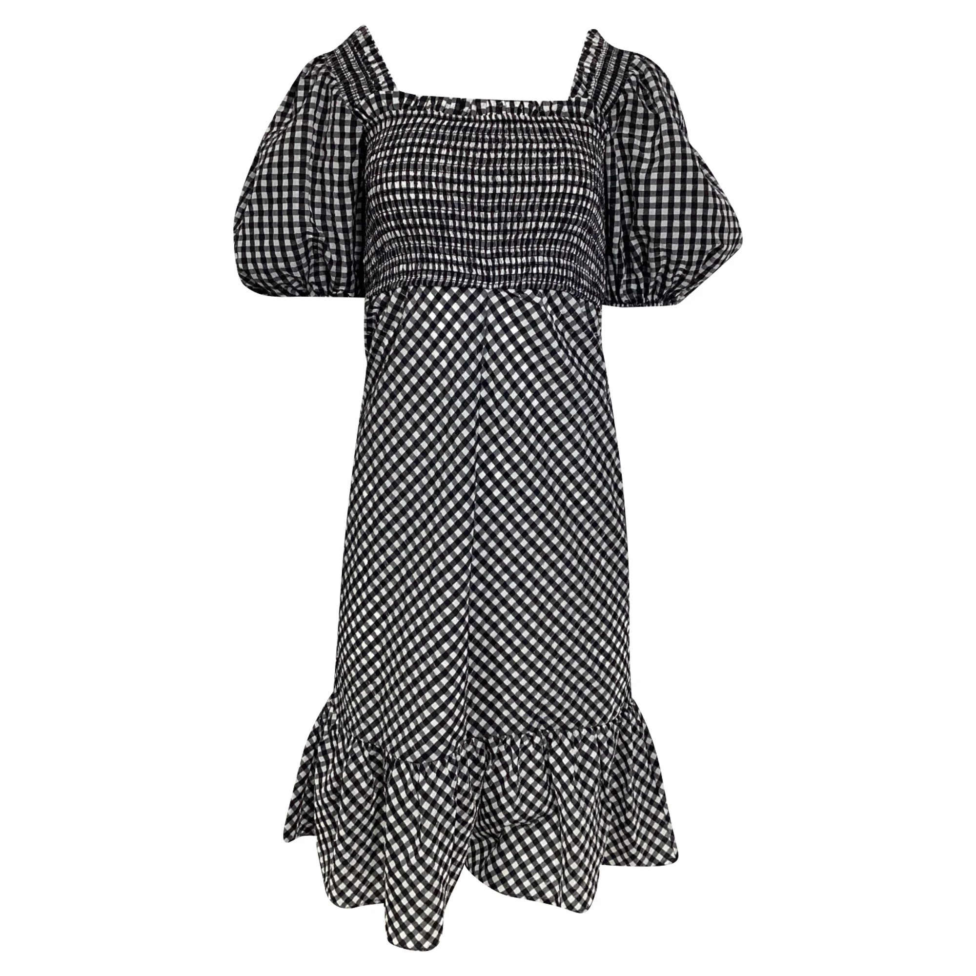Women's Ganni Gingham Puffed Sleeve Midi Dress in Black Cotton