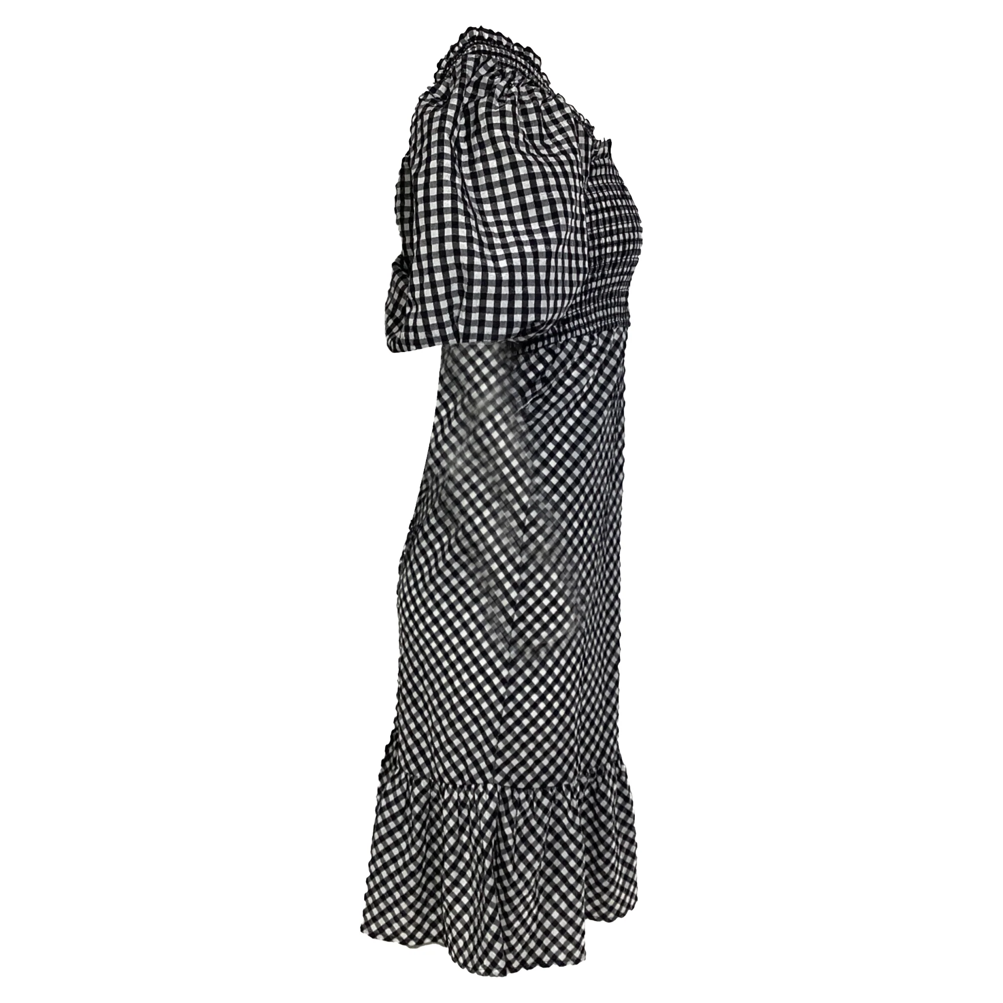 Women's Ganni Gingham Puffed Sleeve Midi Dress in Black Cotton - Image 2