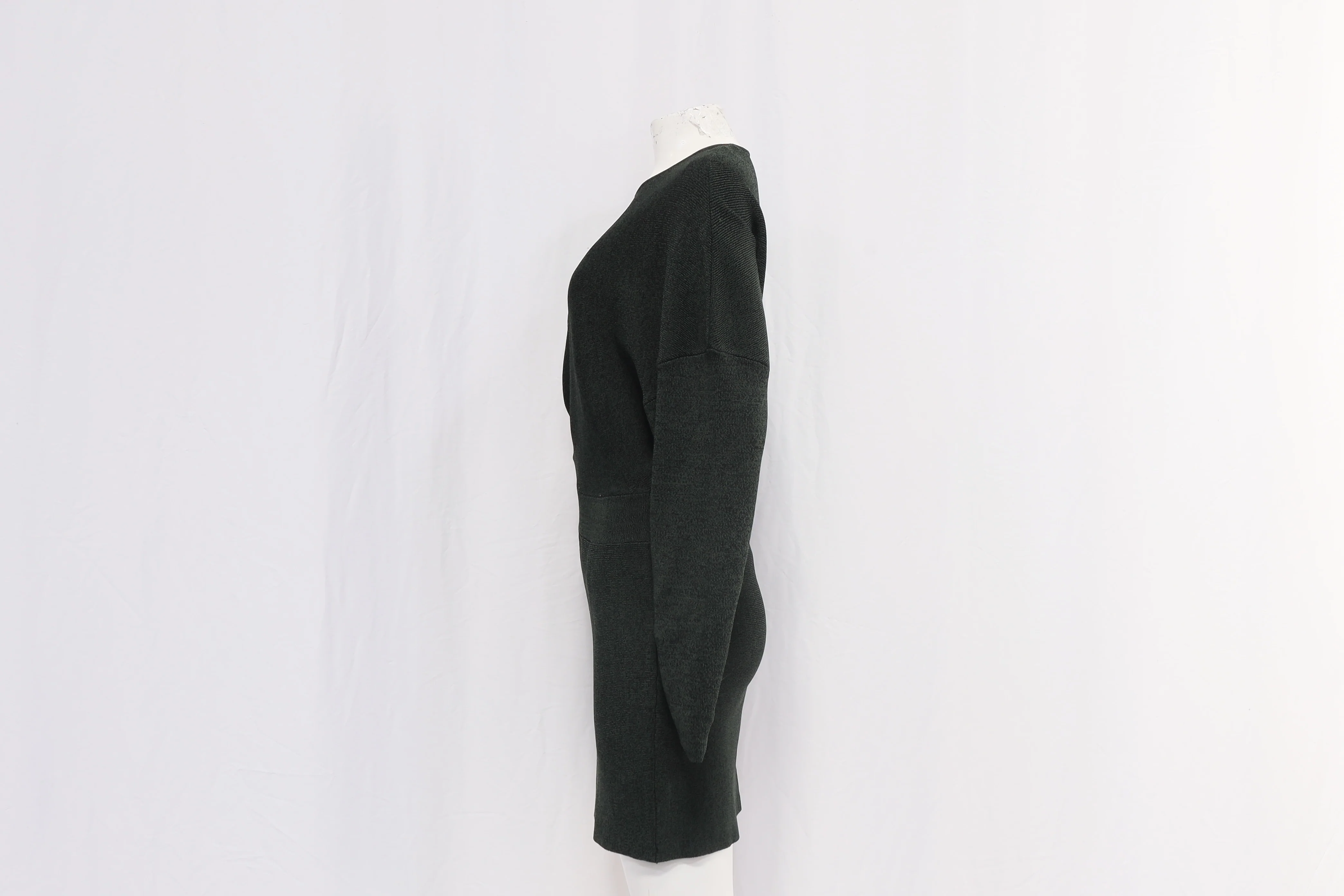 Women's Ganni Ruched Ribbed-Knit Long Sleeve Mini Dress in Olive Rayon - Image 10