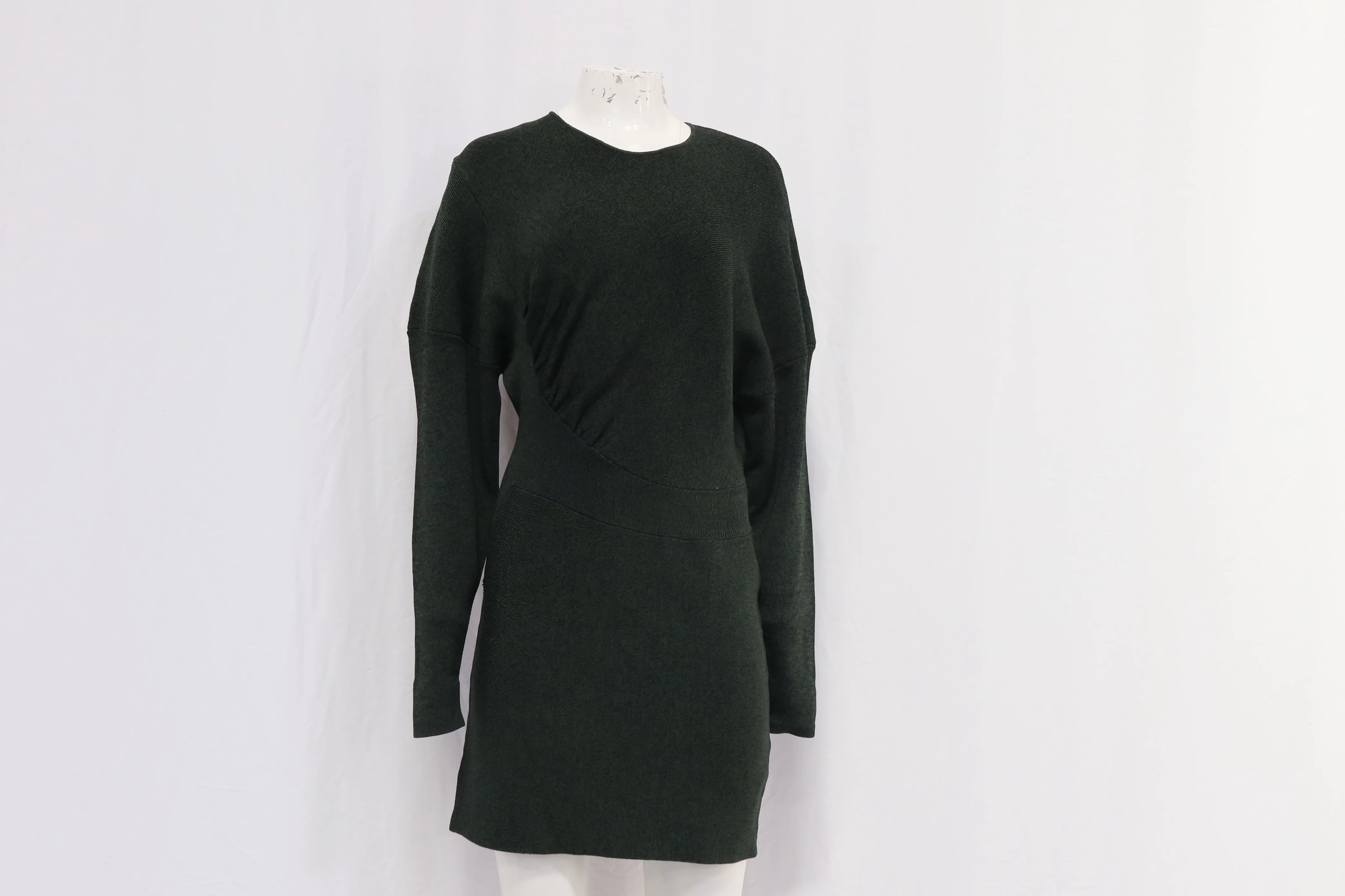 Women's Ganni Ruched Ribbed-Knit Long Sleeve Mini Dress in Olive Rayon - Image 8