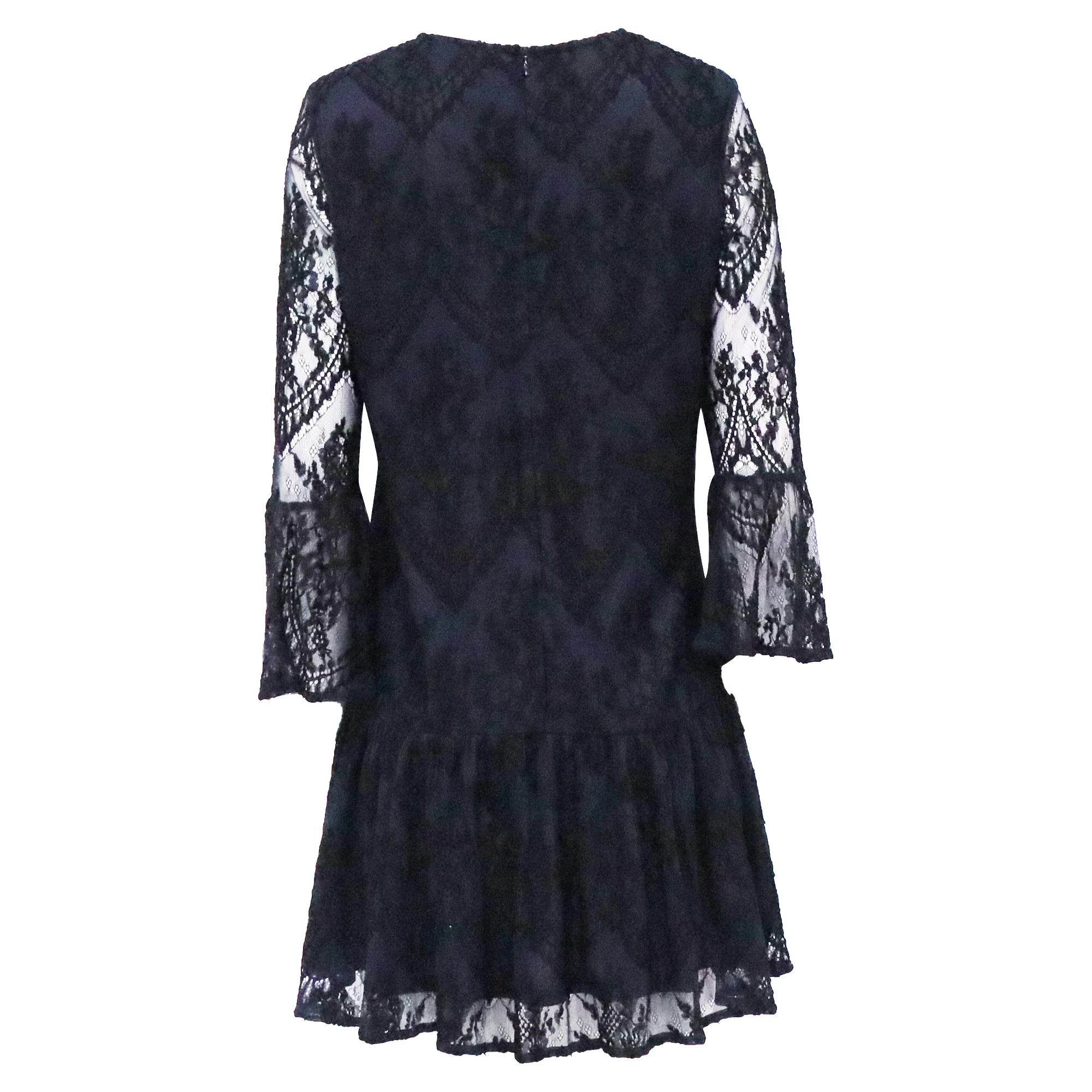 Women's Ganni Ruffled Embroidered Lace Mini Dress inNavy Blue Viscose - Image 3