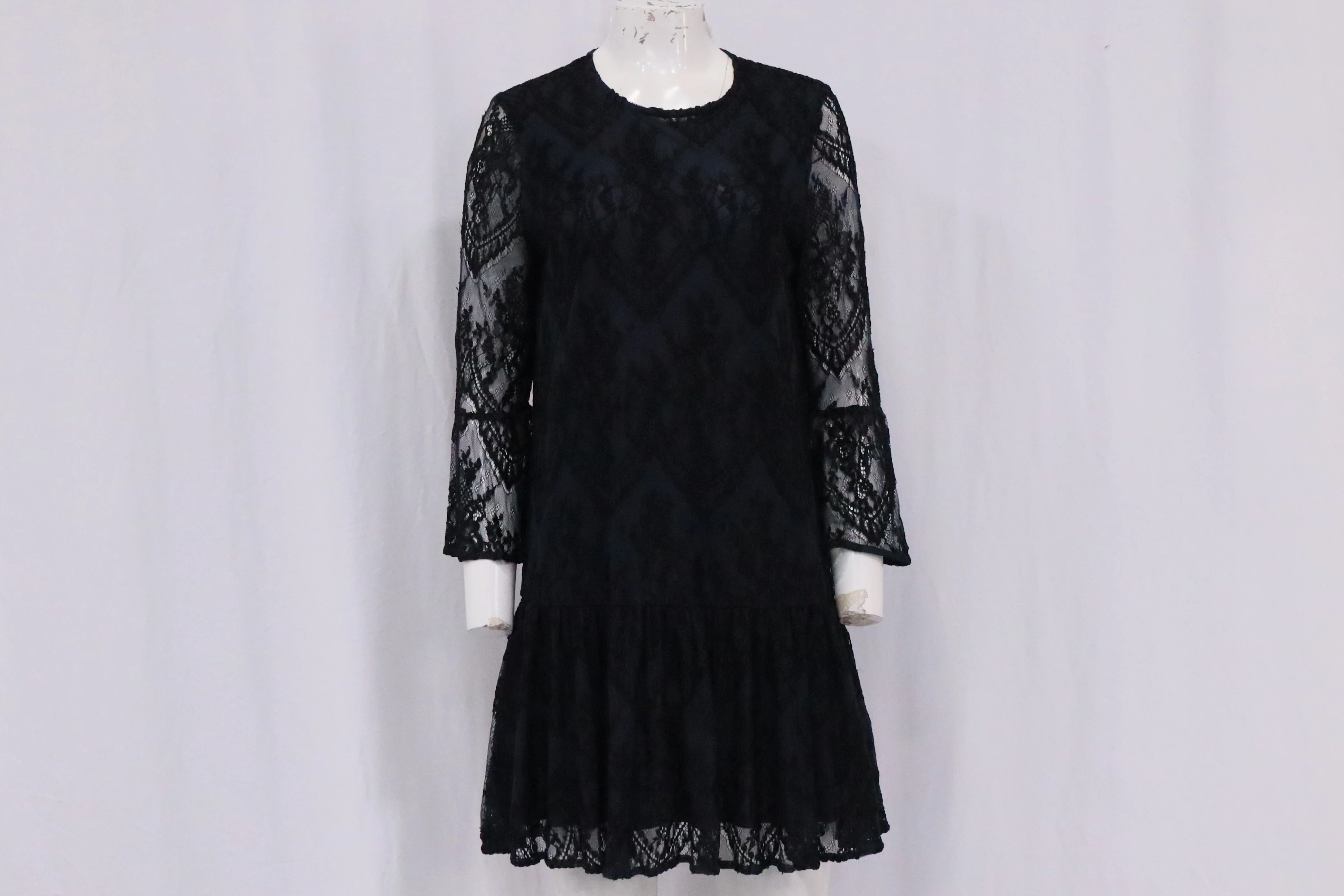 Women's Ganni Ruffled Embroidered Lace Mini Dress inNavy Blue Viscose - Image 6