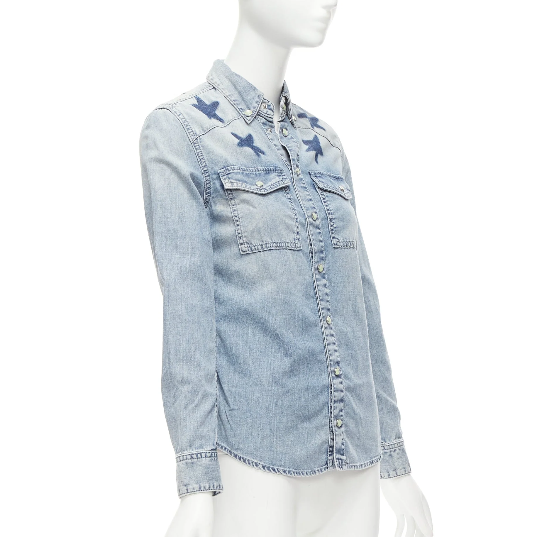 Women's Givenchy Riccardo Tisci Distressed Denim Star Collar Dress Shirt - Image 10