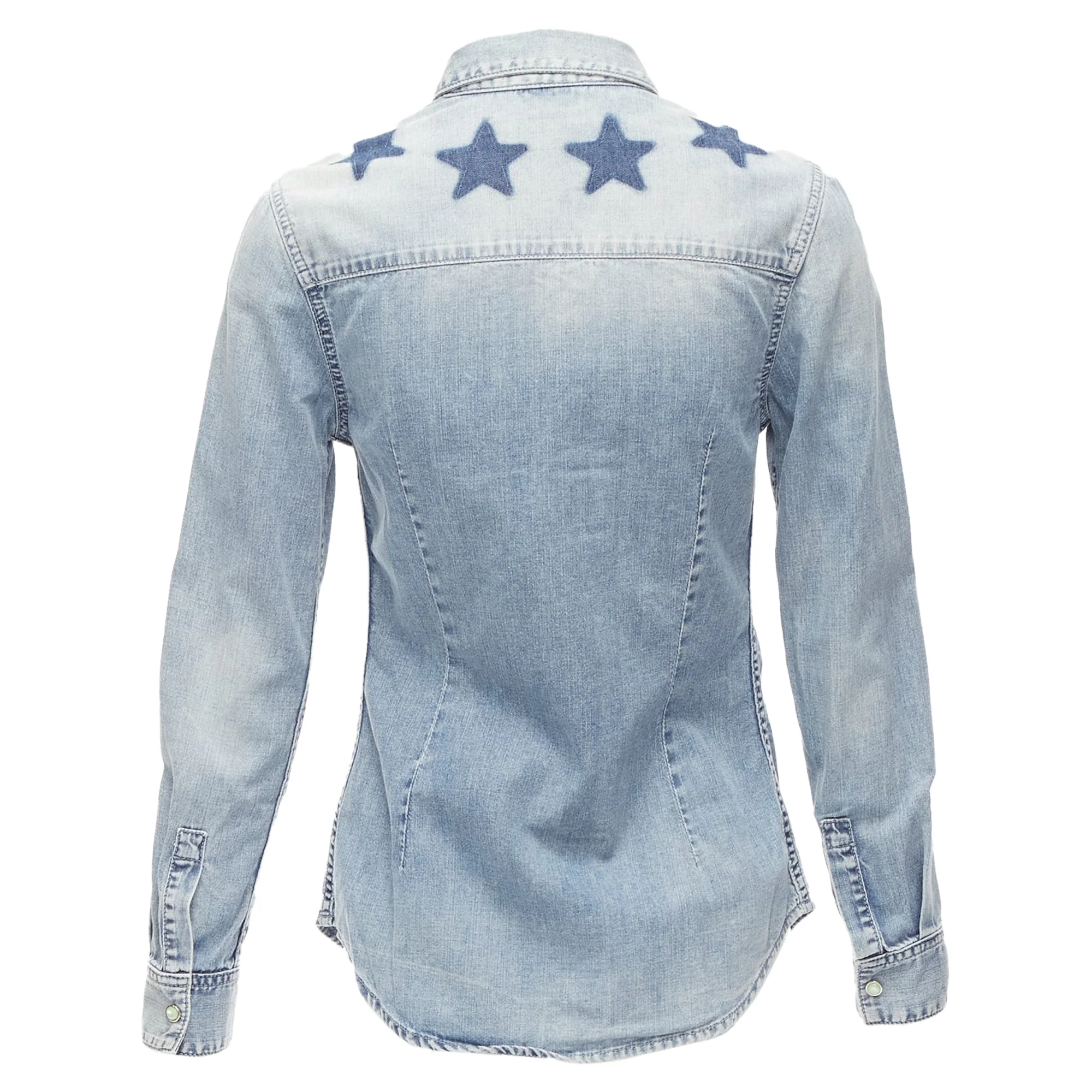 Women's Givenchy Riccardo Tisci Distressed Denim Star Collar Dress Shirt - Image 6