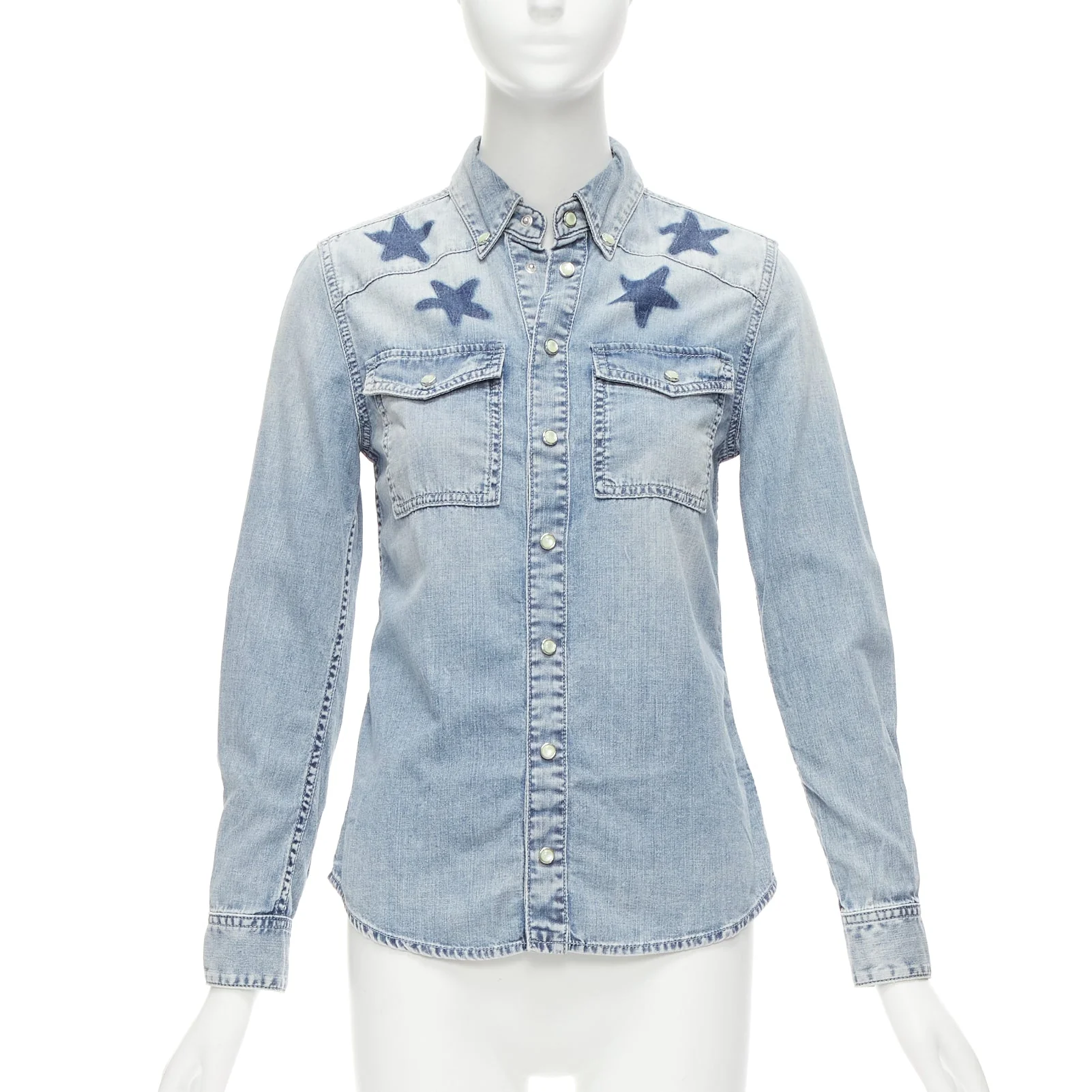 Women's Givenchy Riccardo Tisci Distressed Denim Star Collar Dress Shirt - Image 7
