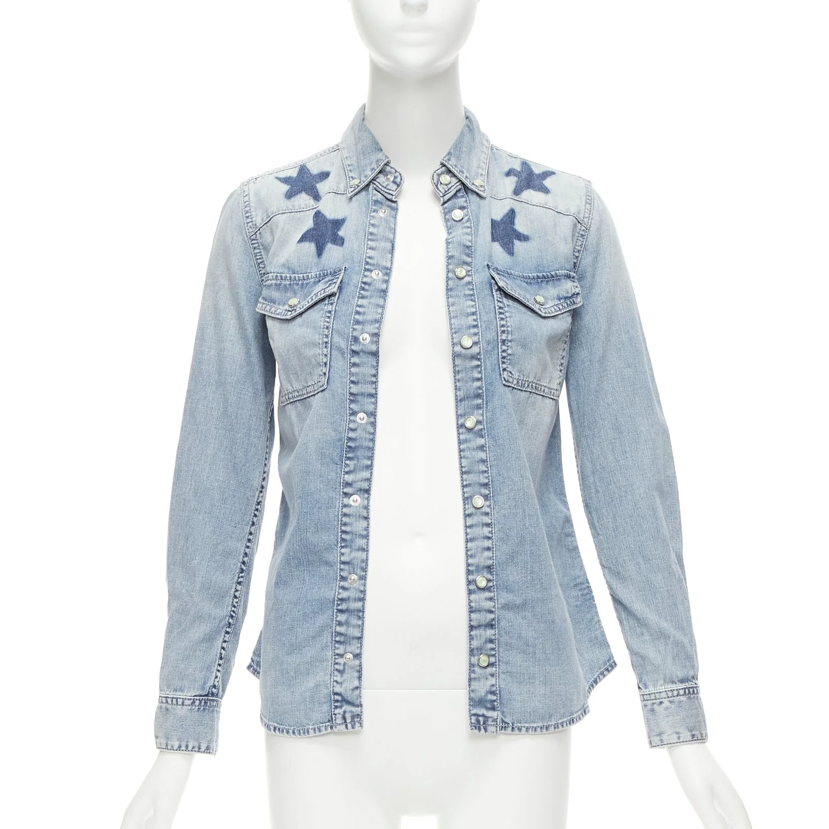 Women's Givenchy Riccardo Tisci Distressed Denim Star Collar Dress Shirt - Image 9