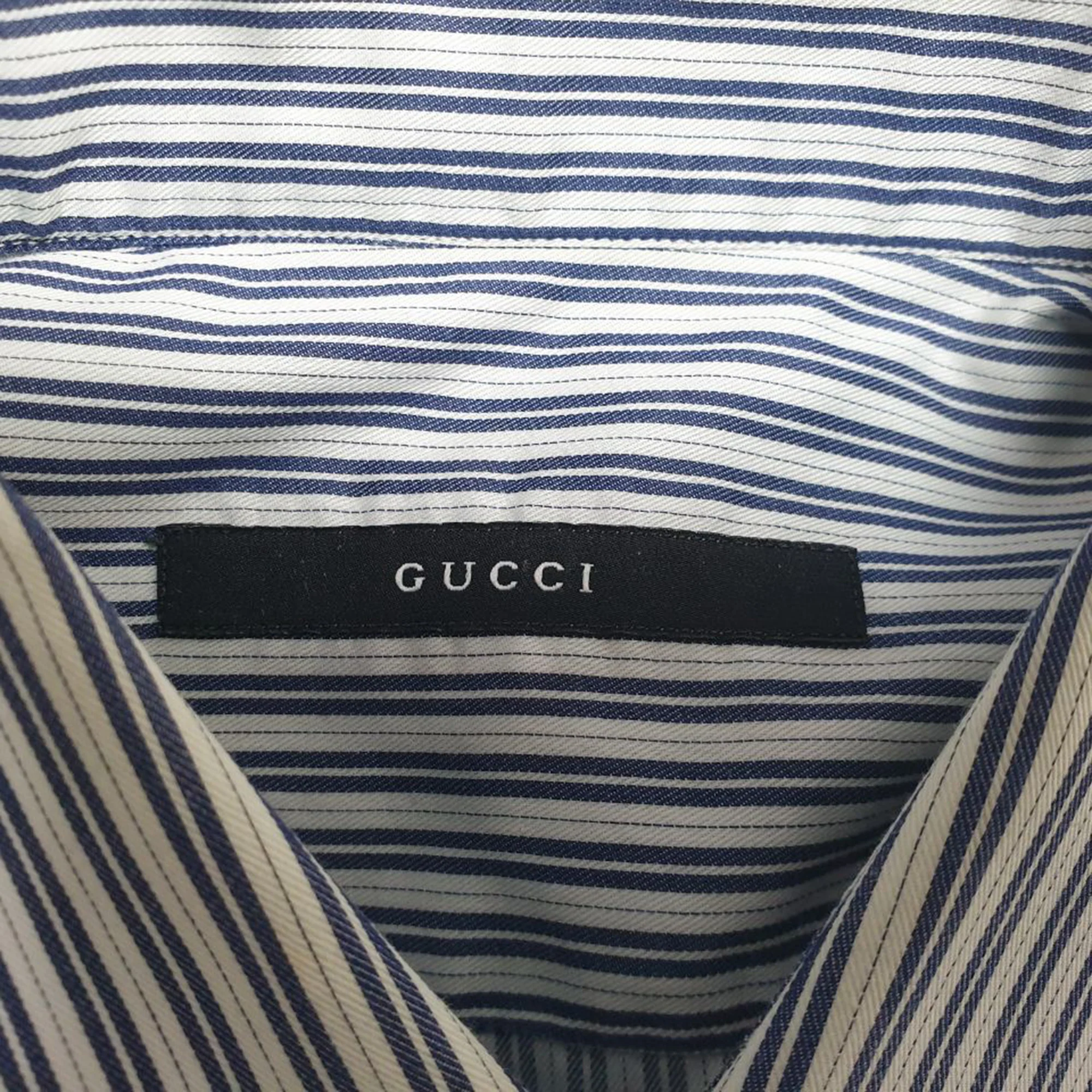Men's  Gucci Striped Button-Down Long Sleeve Shirt in Navy Blue Cotton - Image 5