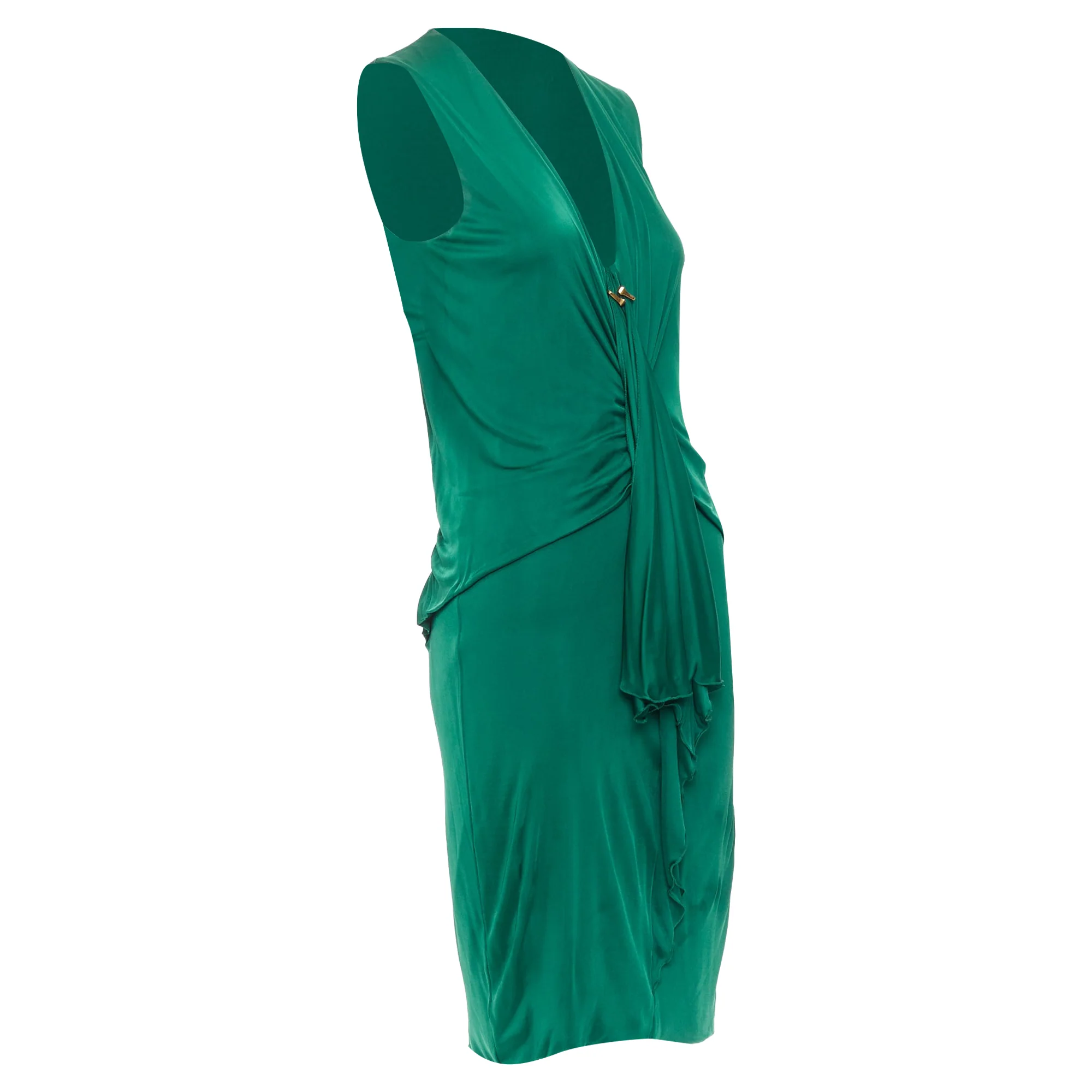 Women's GUCCI 2008 emerald green viscose gold hardware draped V neck midi dress L - Image 3