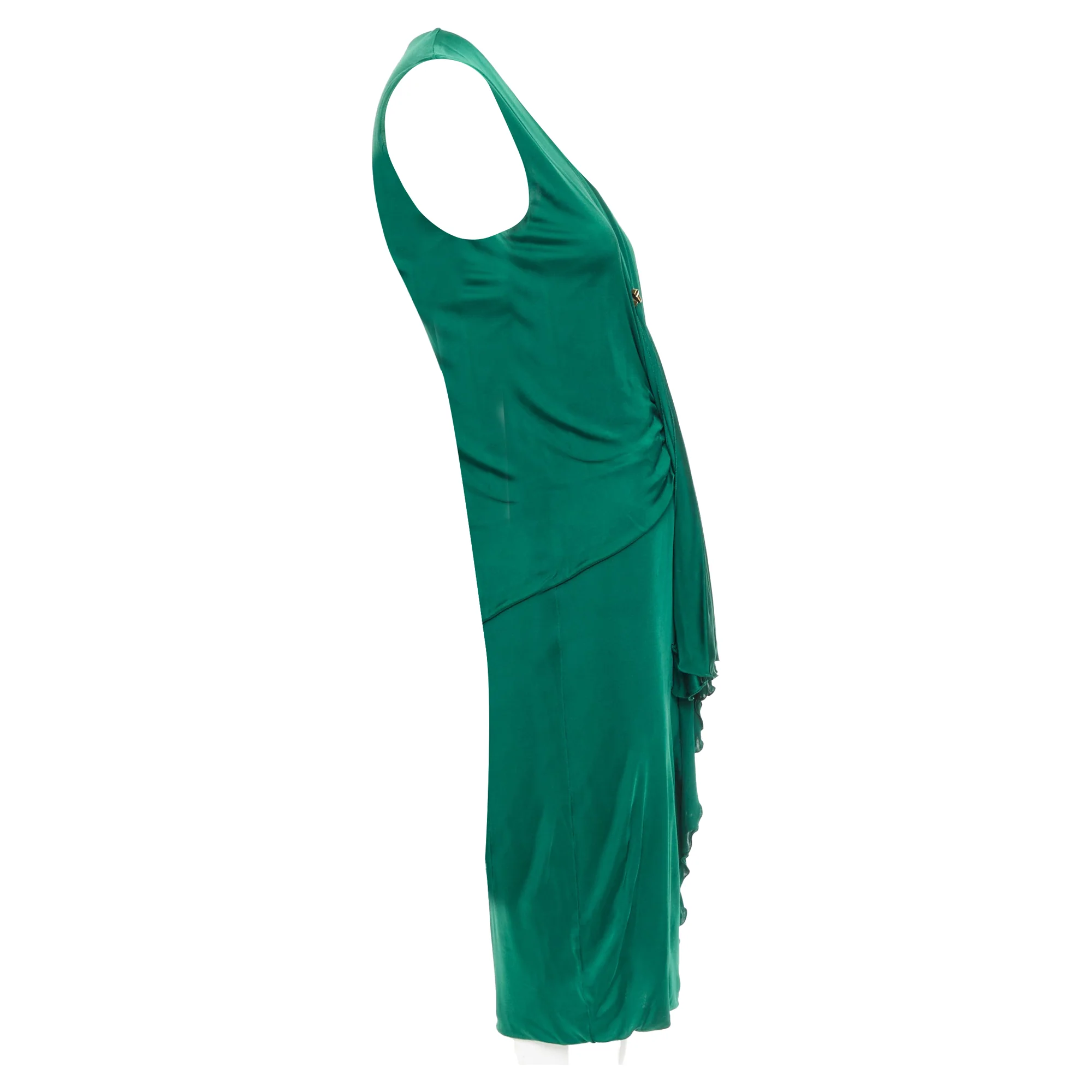 Women's GUCCI 2008 emerald green viscose gold hardware draped V neck midi dress L - Image 4