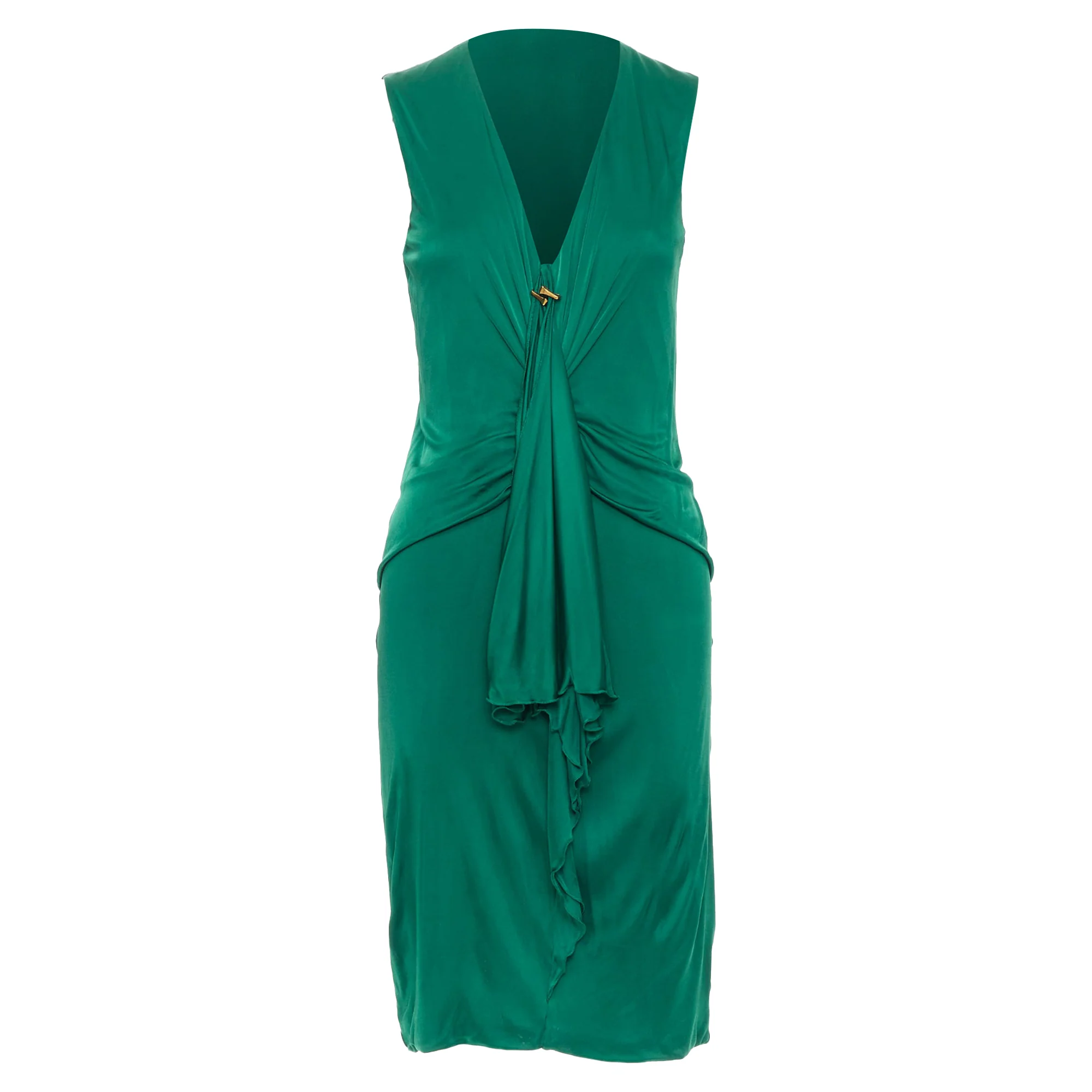 Women's GUCCI 2008 emerald green viscose gold hardware draped V neck midi dress L - Image 9