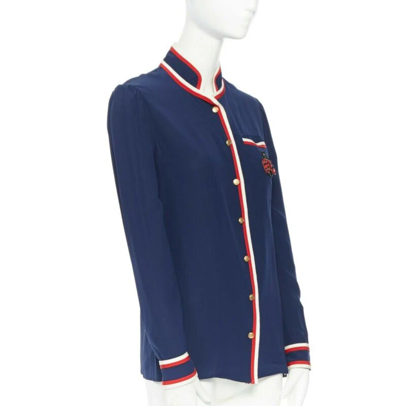 Women's Gucci tricolour ladybird ladybug embellish brooch badge silk shirt - Image 10
