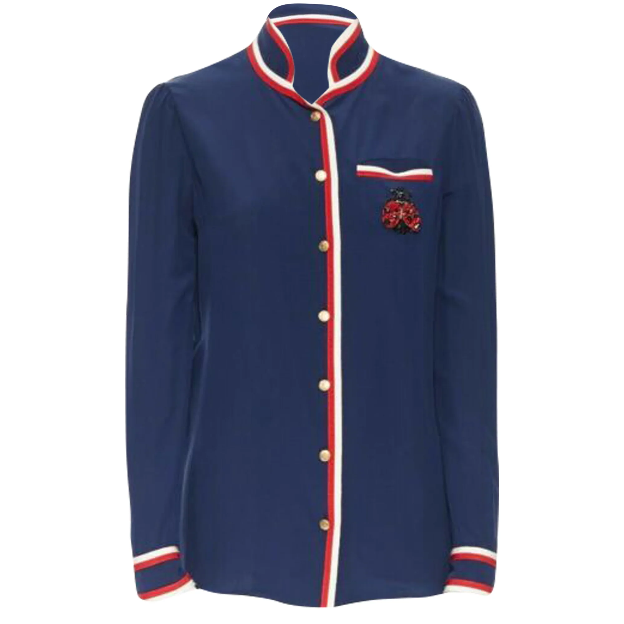Women's Gucci tricolour ladybird ladybug embellish brooch badge silk shirt - Image 3