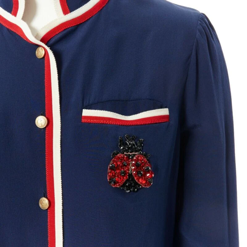 Women's Gucci tricolour ladybird ladybug embellish brooch badge silk shirt - Image 8