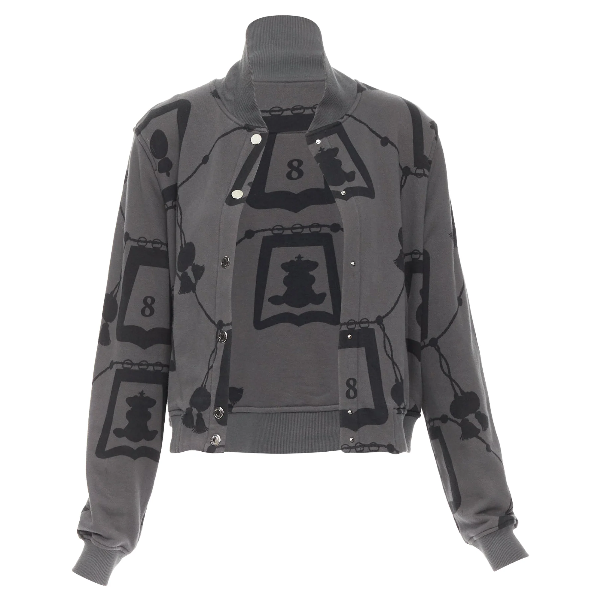 Women's HERMES  2021 Poste et Cavalerie grey black rope print bomber jacket FR42 XL - Image 3