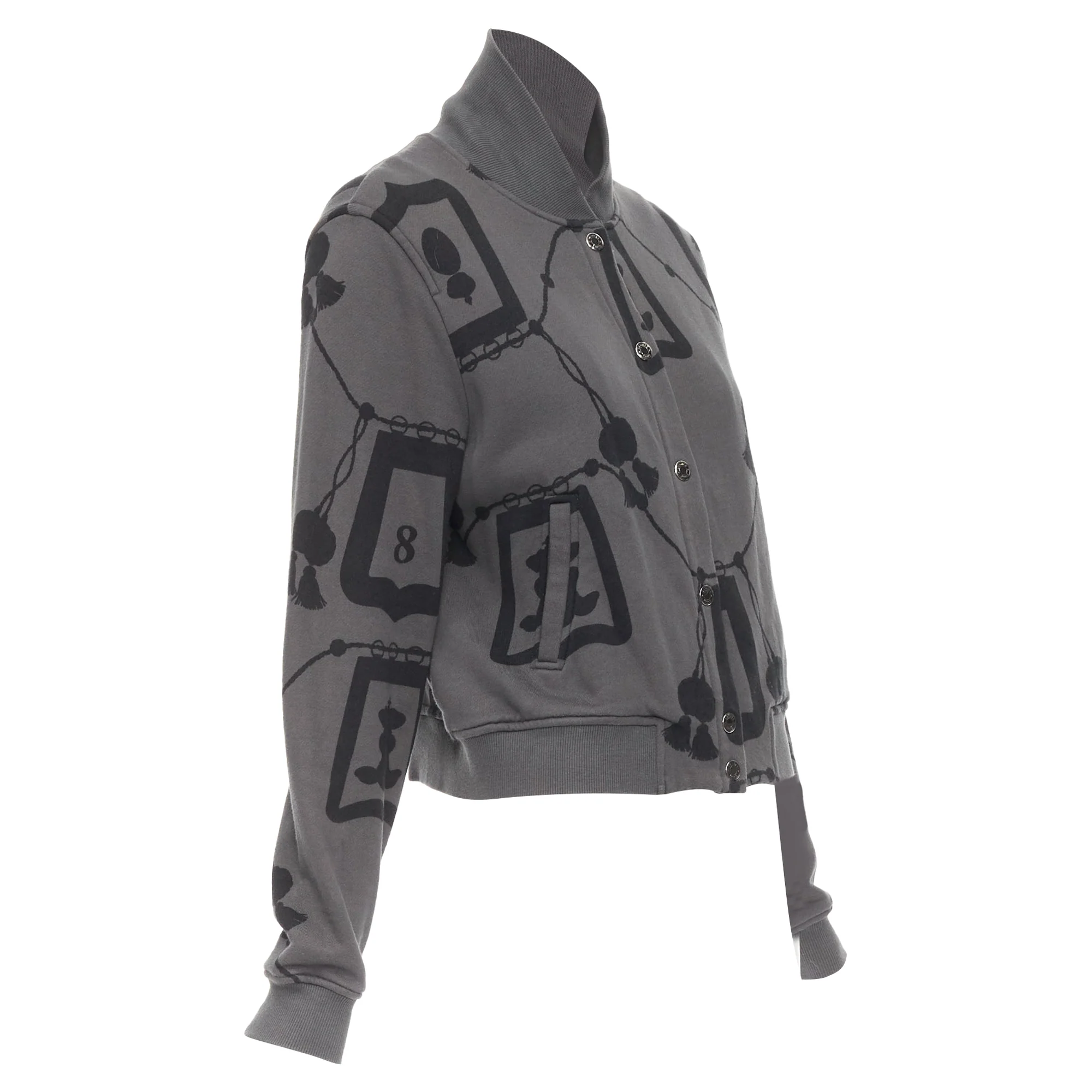 Women's HERMES  2021 Poste et Cavalerie grey black rope print bomber jacket FR42 XL - Image 4