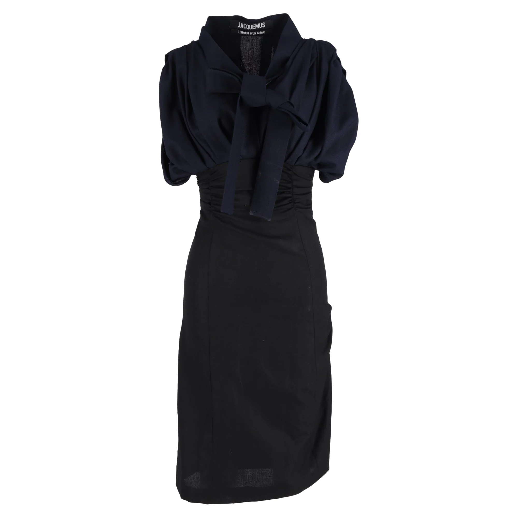Women's Jacquemus La Robe Madame Ribbon Detail Midi Dress in Navy Blue Wool