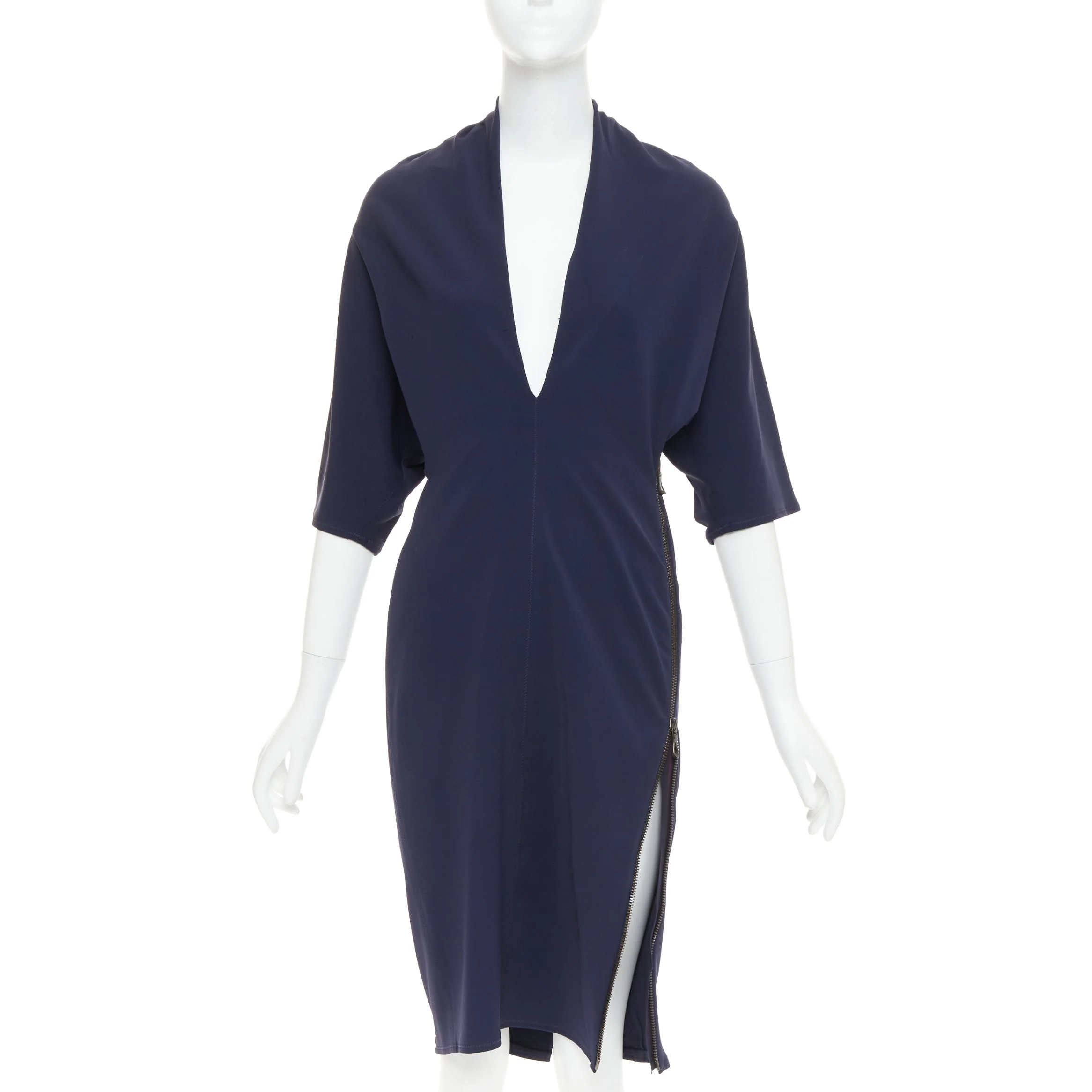 Women's LANVIN 2011 Alber Elbaz navy drape V neck side zip side dolman dress FR40 L - Image 10