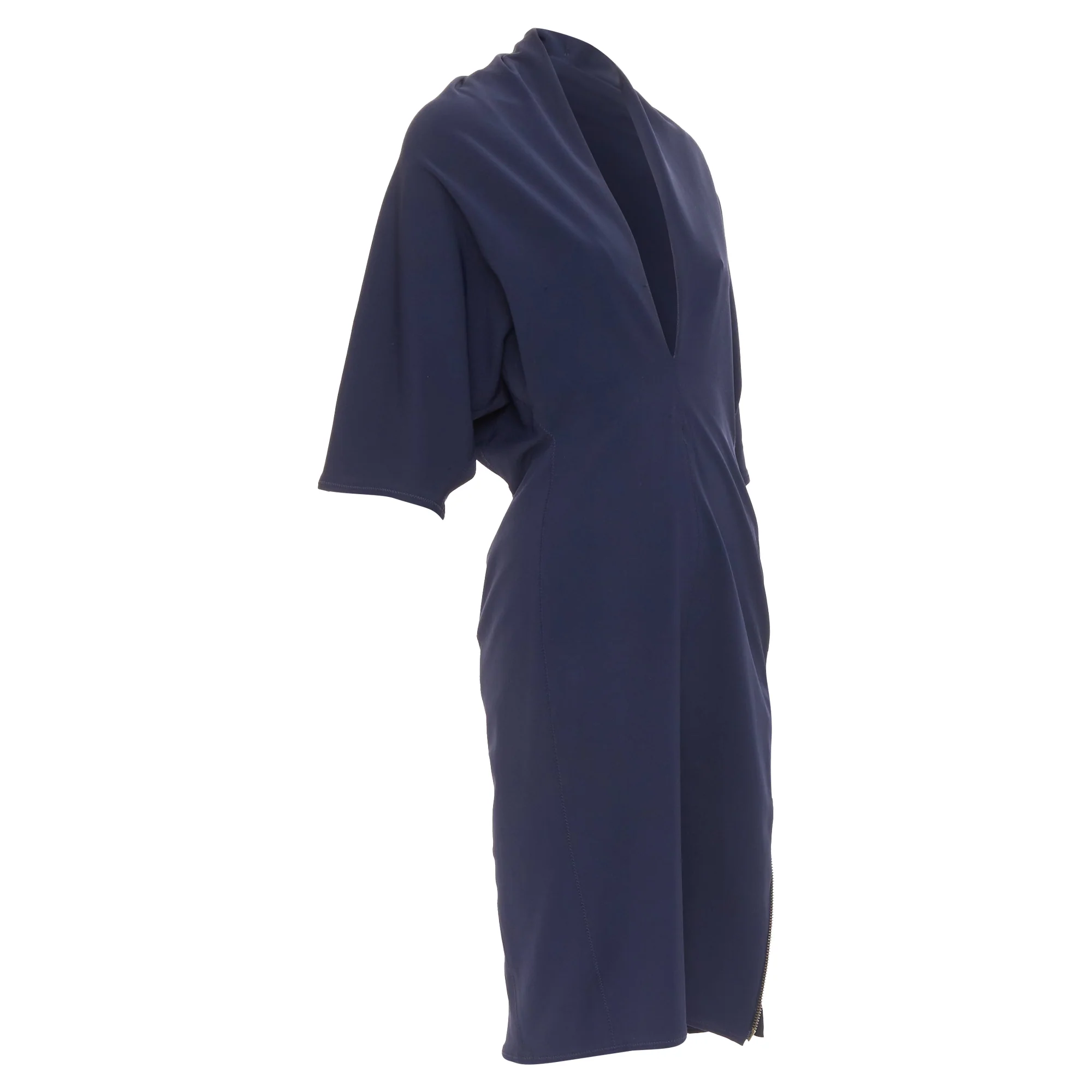 Women's LANVIN 2011 Alber Elbaz navy drape V neck side zip side dolman dress FR40 L - Image 3