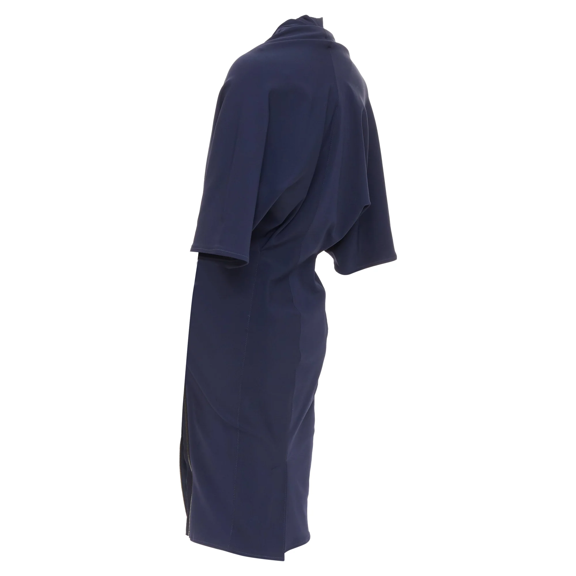 Women's LANVIN 2011 Alber Elbaz navy drape V neck side zip side dolman dress FR40 L - Image 6