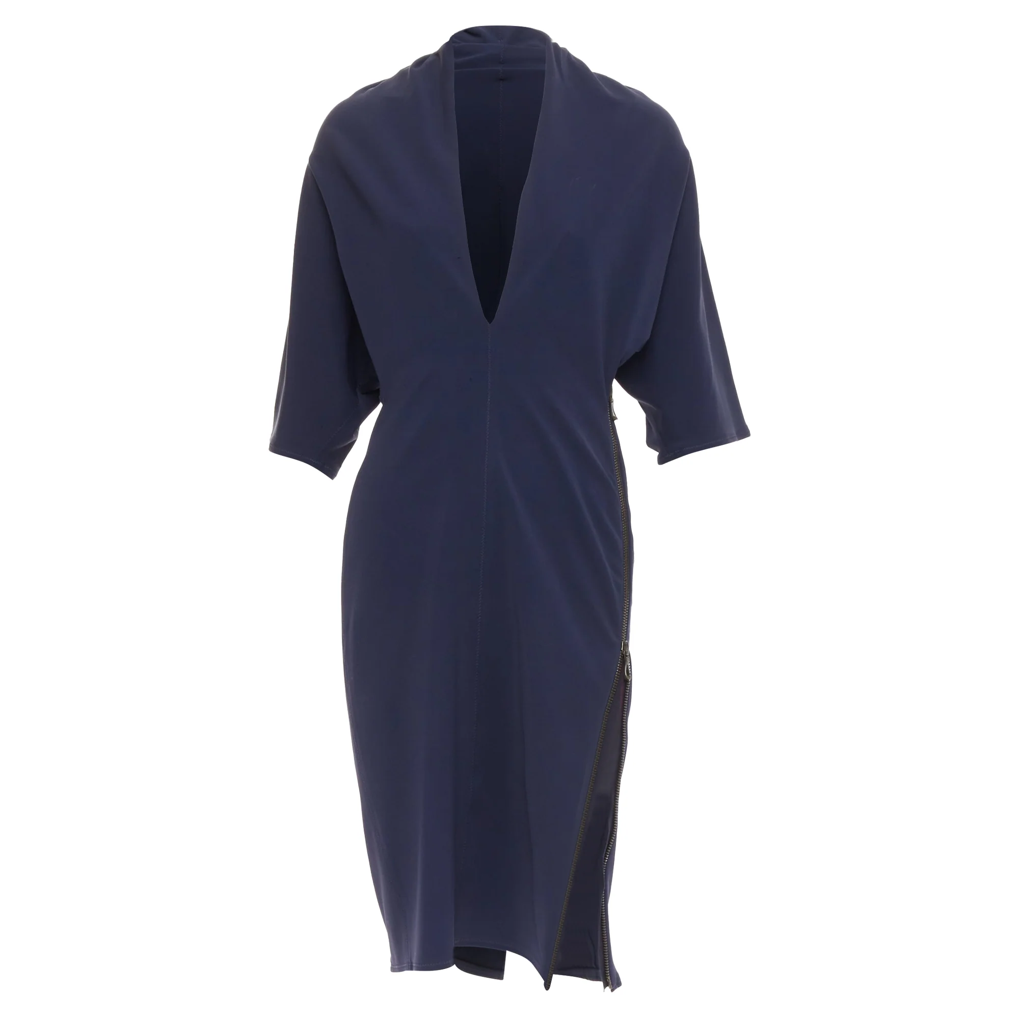 Women's LANVIN 2011 Alber Elbaz navy drape V neck side zip side dolman dress FR40 L - Image 9