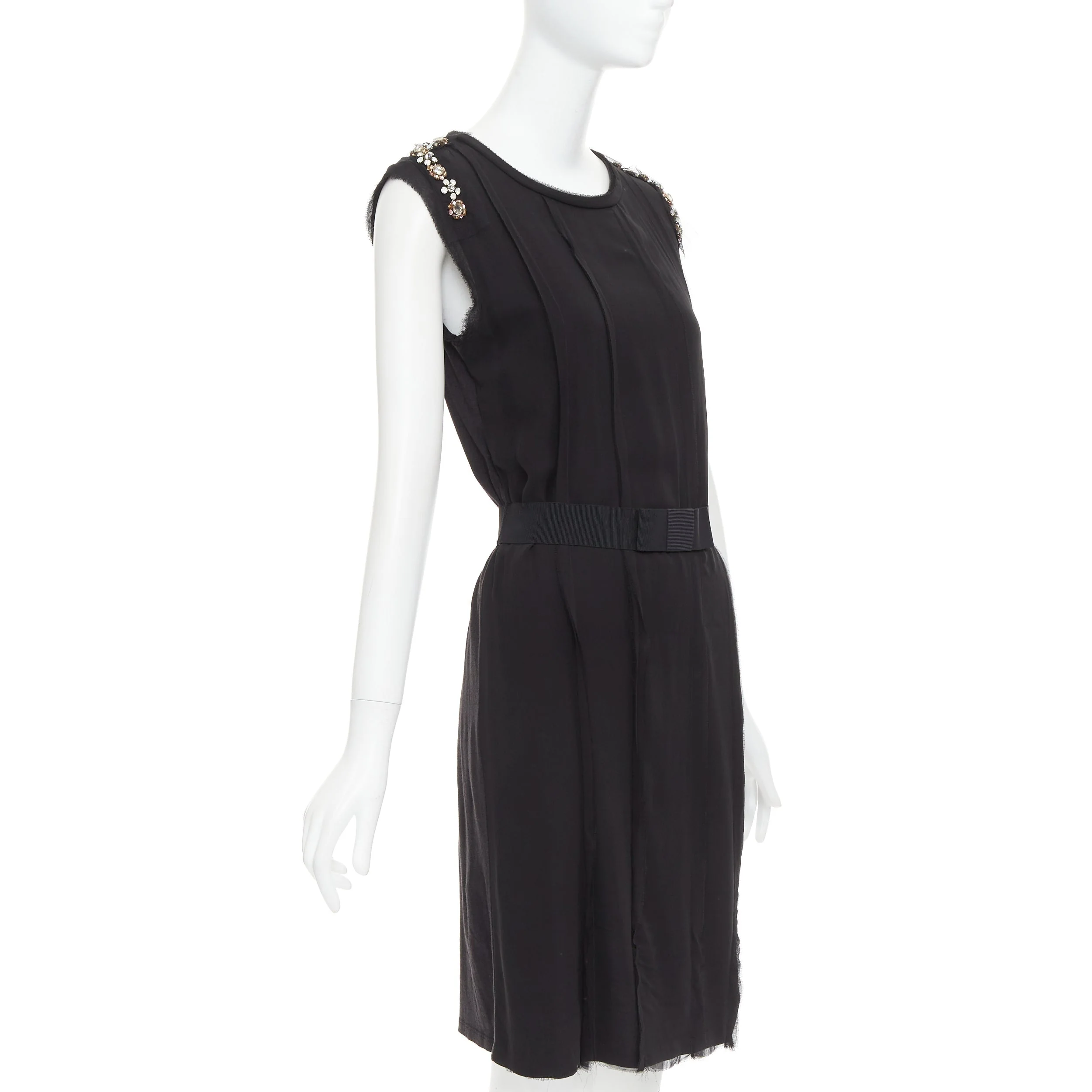 Women's LANVIN black bamboo cotton crystal rhinestone belted dress M - Image 3