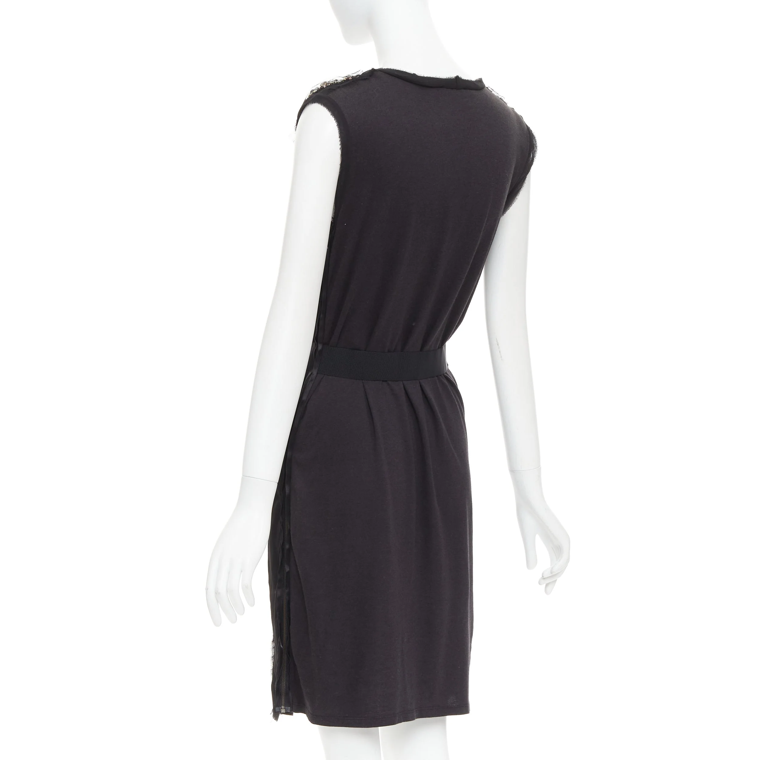 Women's LANVIN black bamboo cotton crystal rhinestone belted dress M - Image 6