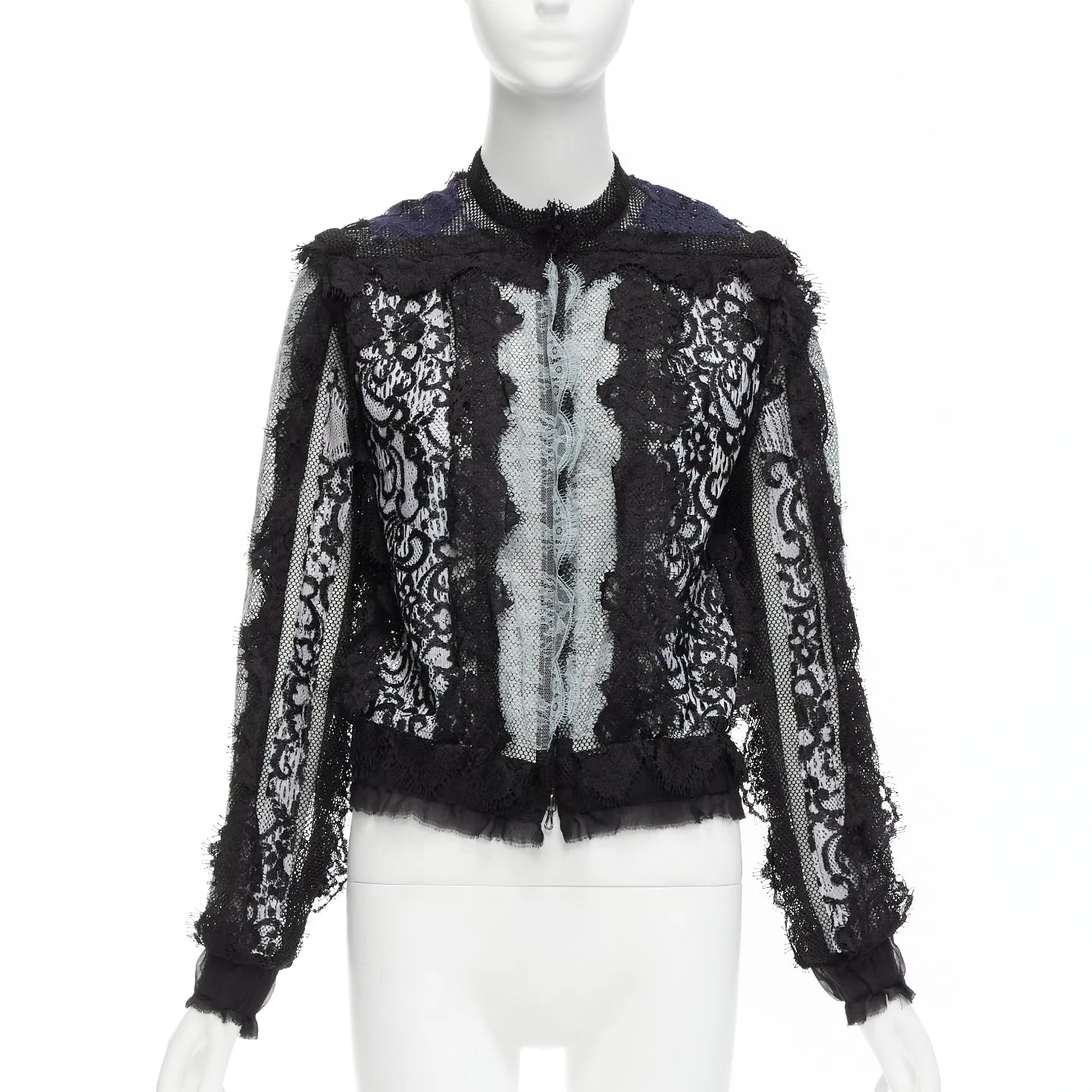 Women's LANVIN blue black intricate lace panels sheer long sleeve jacket FR34 XS - Image 6