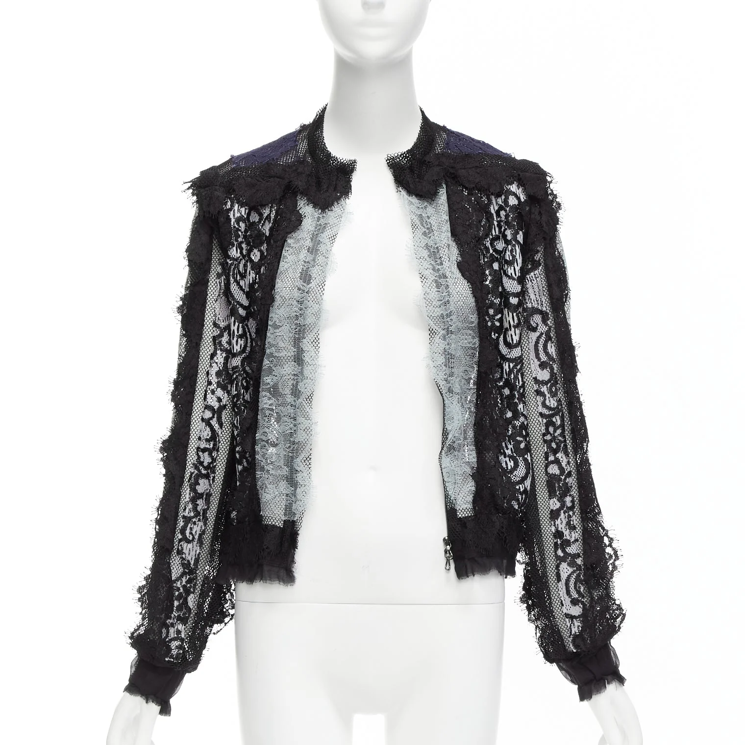 Women's LANVIN blue black intricate lace panels sheer long sleeve jacket FR34 XS - Image 8