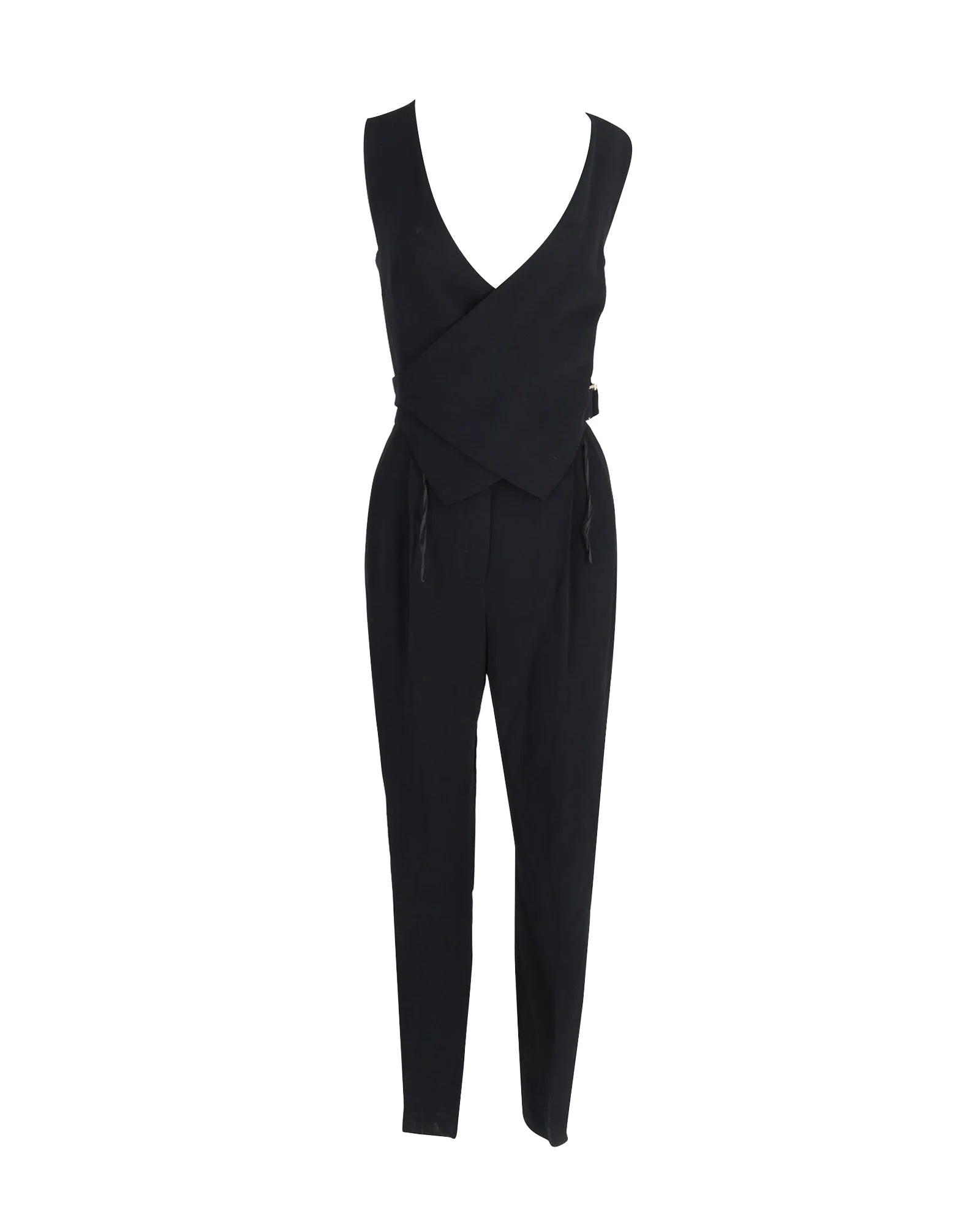 Women's Lanvin Crepe Wrap Waistcoat Bodice Detail Tapered Jumpsuit in Black Viscose