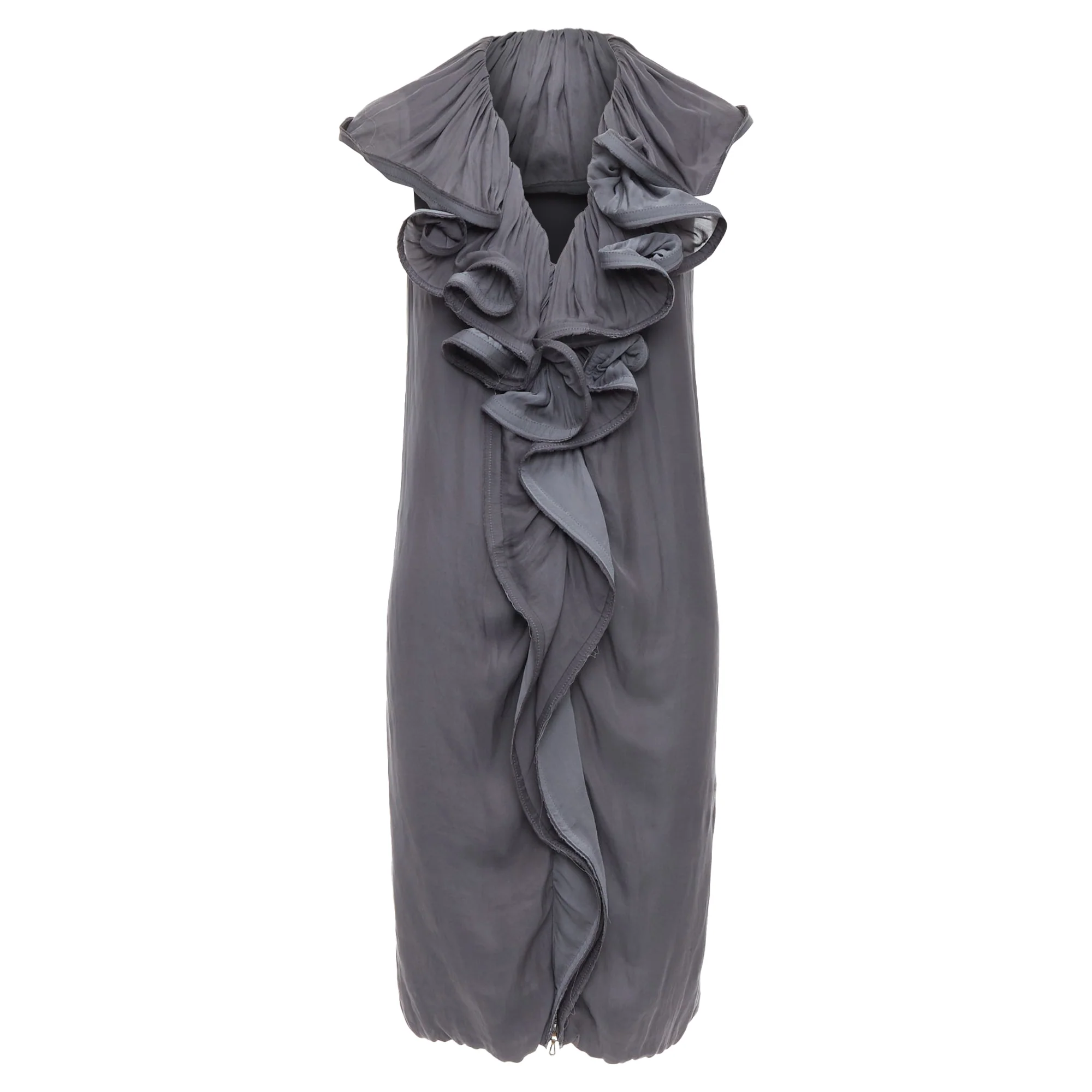 Women's Lanvin silky trimmed ruffle collar v neck knee dress