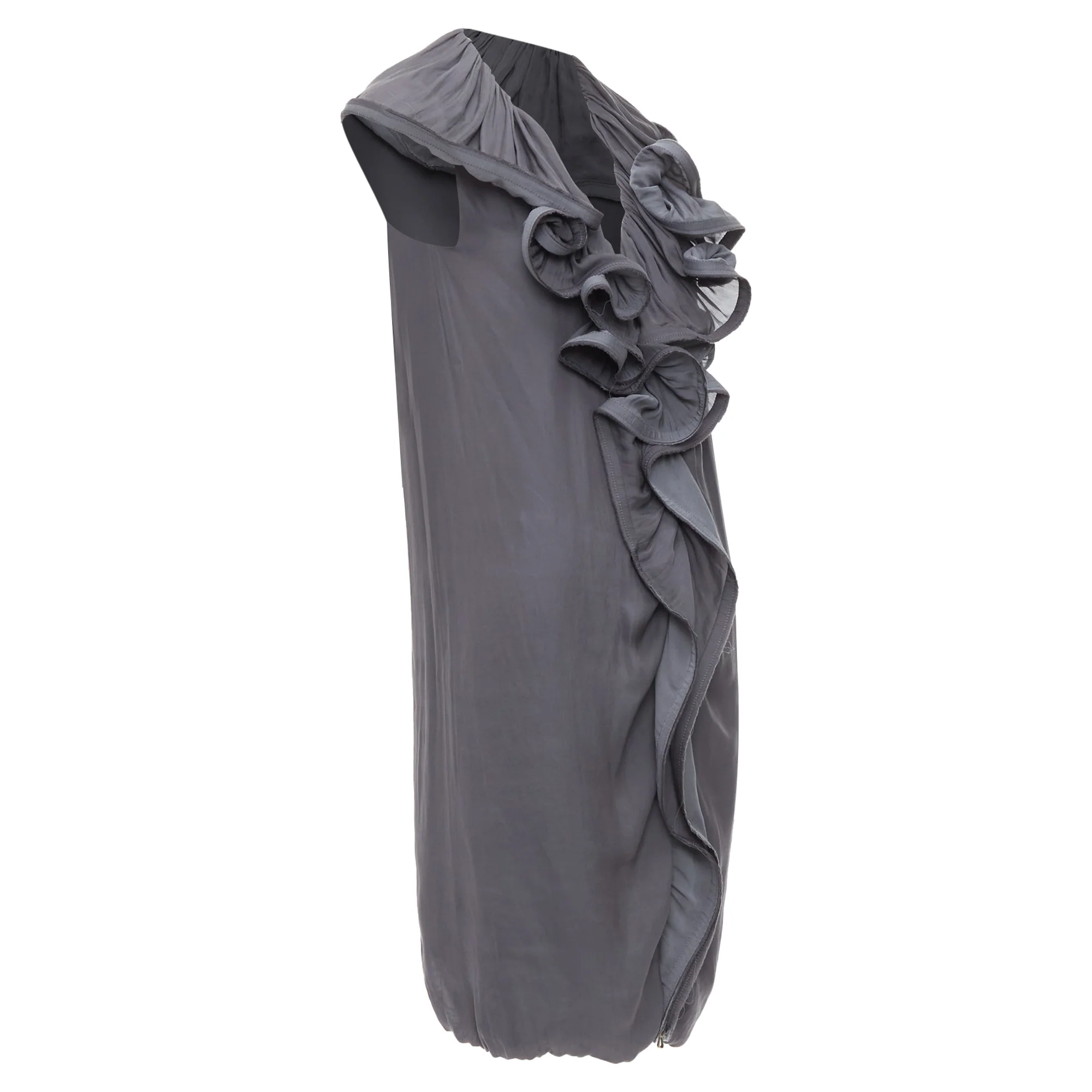 Women's Lanvin silky trimmed ruffle collar v neck knee dress - Image 3