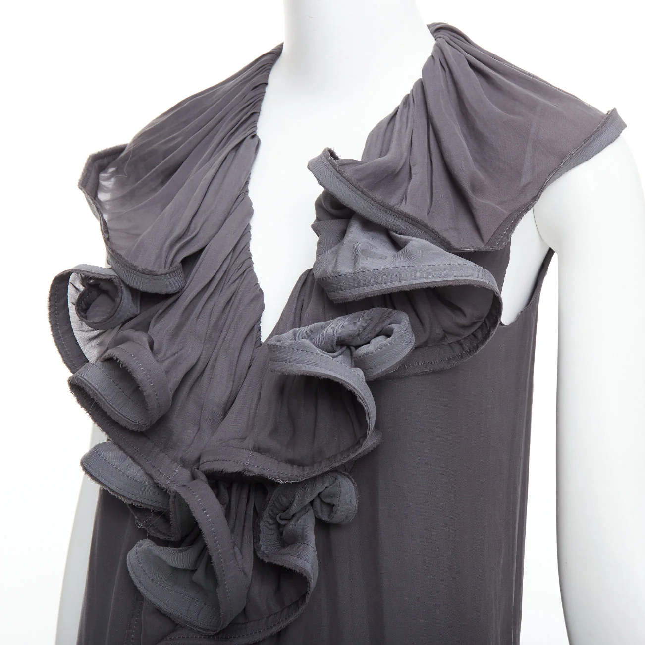 Women's Lanvin silky trimmed ruffle collar v neck knee dress - Image 8