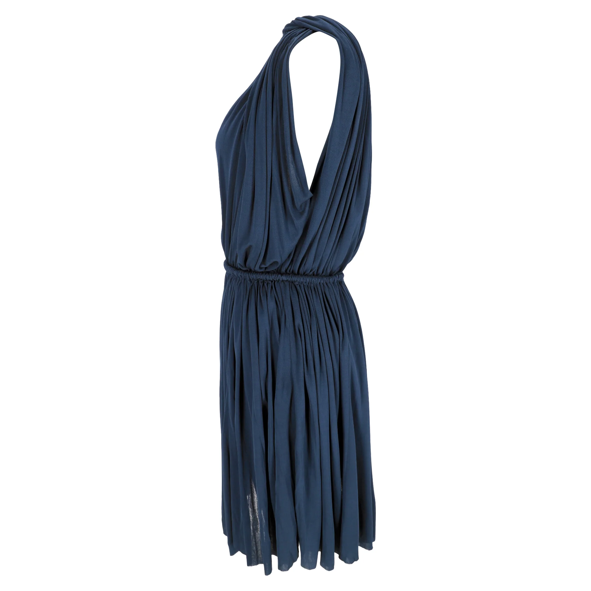 Women's Lanvin V-Neck Gathered Mini Dress in Navy Blue Viscose - Image 2