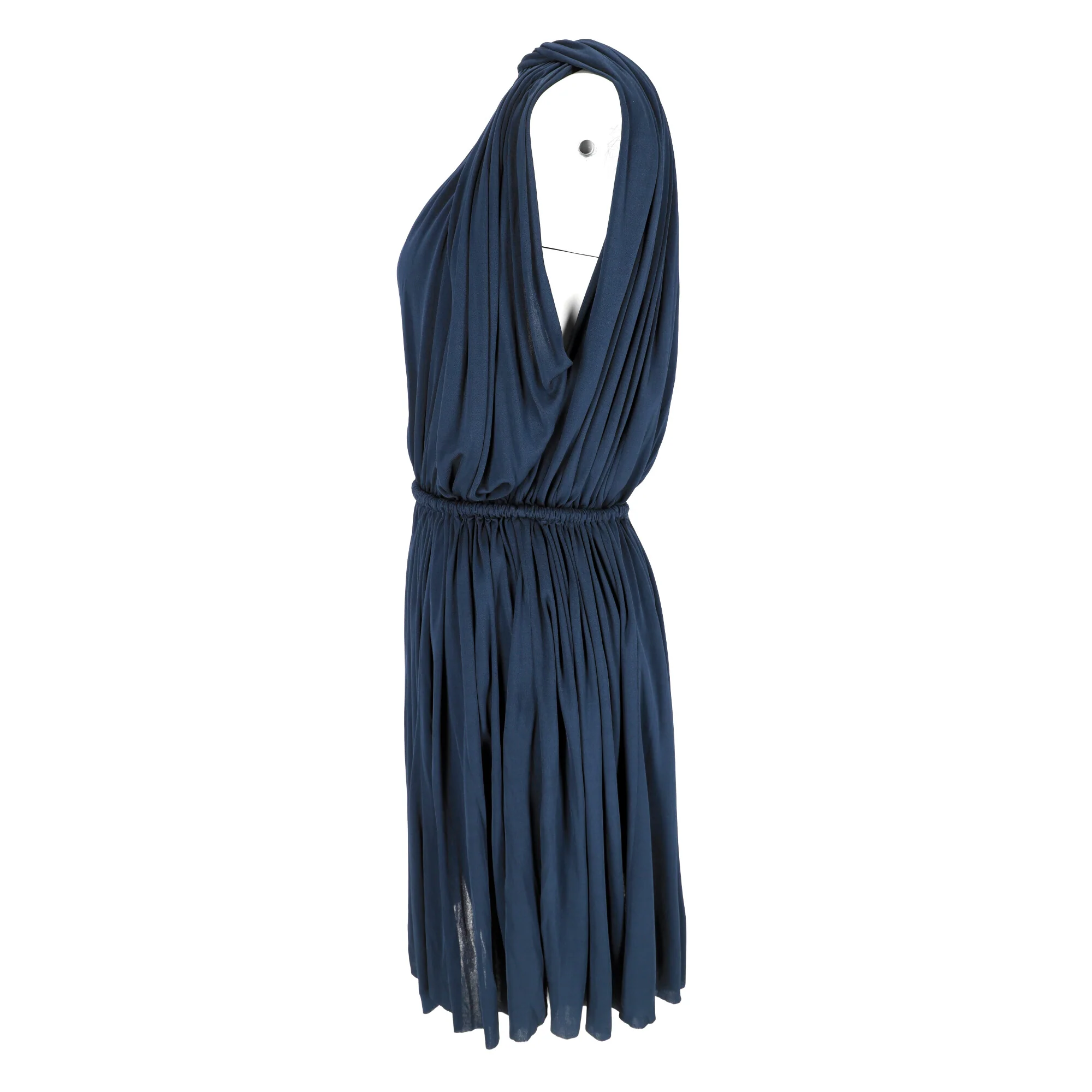 Women's Lanvin V-Neck Gathered Mini Dress in Navy Blue Viscose - Image 8