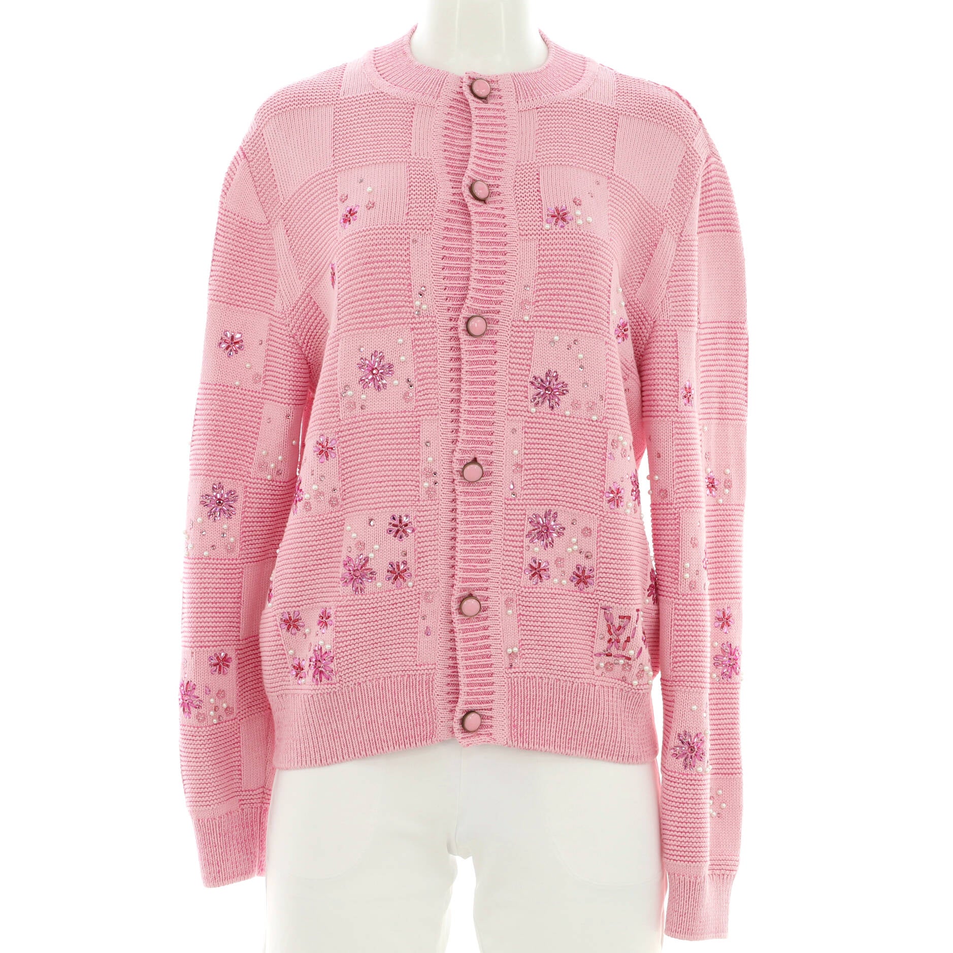 Men's Crewneck Button Up Cardigan Embroidered Damier Silk Blend