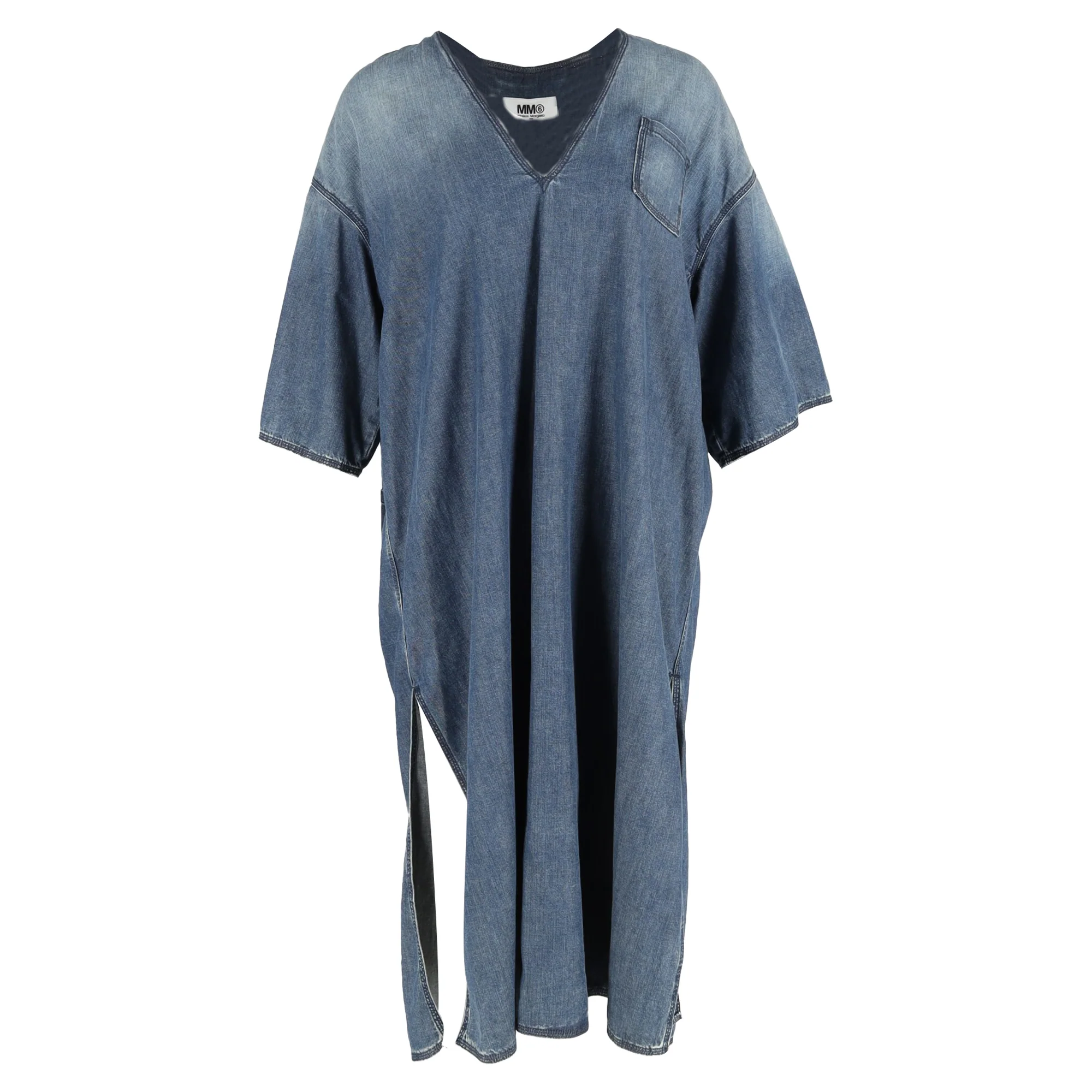 Women's Maison Margiela V-Neck Side Slit Midi Dress in Cotton Denim