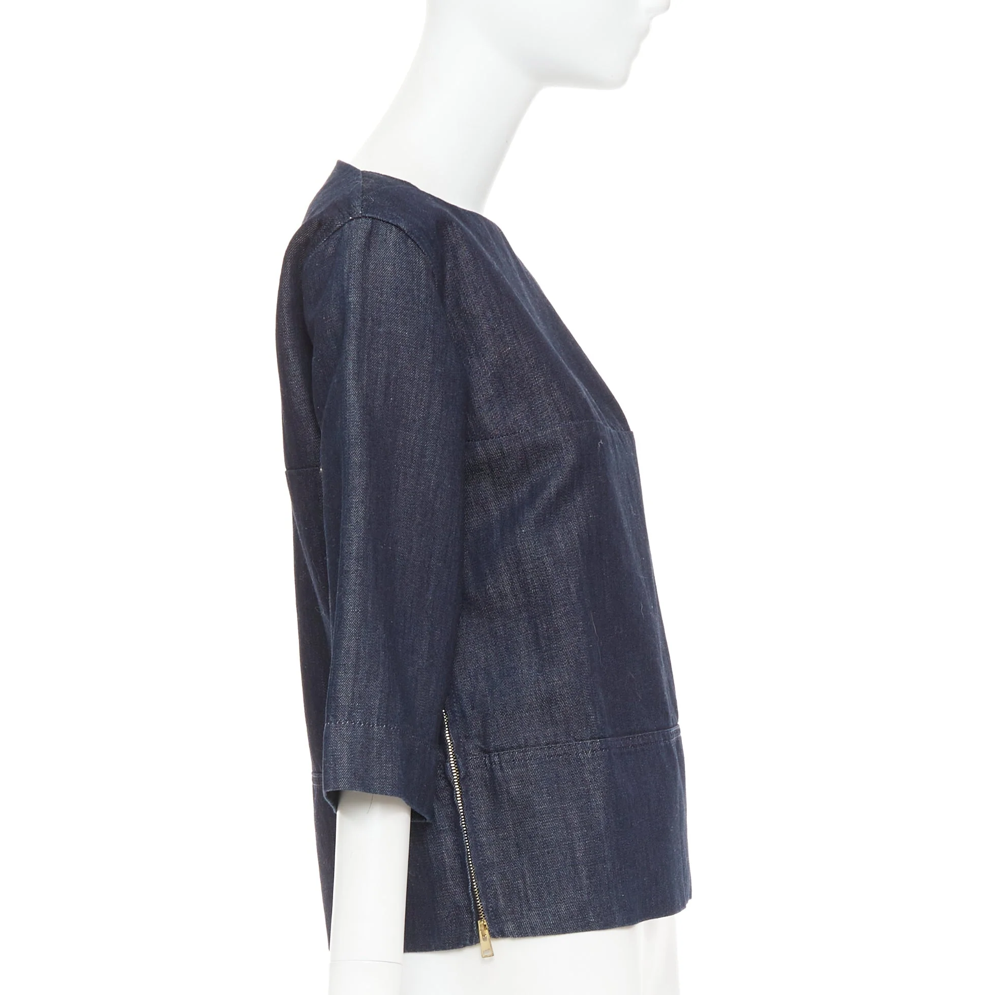 Women's Marni denim cotton linen square bateau neck zipper boxy top - Image 4