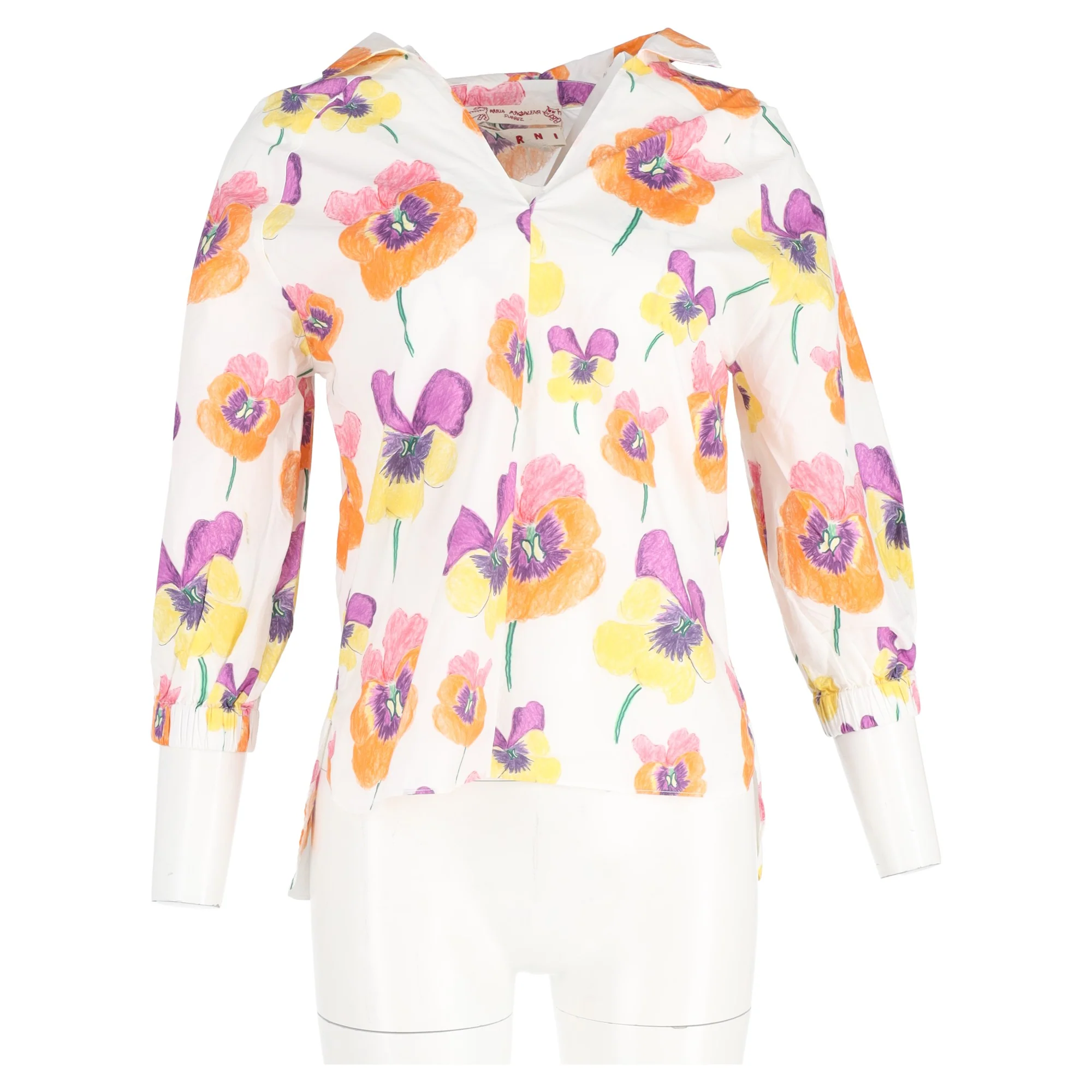 Women's Marni Floral Print V-Neck 3/4 Sleeve Shirt in Multicolor Cotton - Image 4
