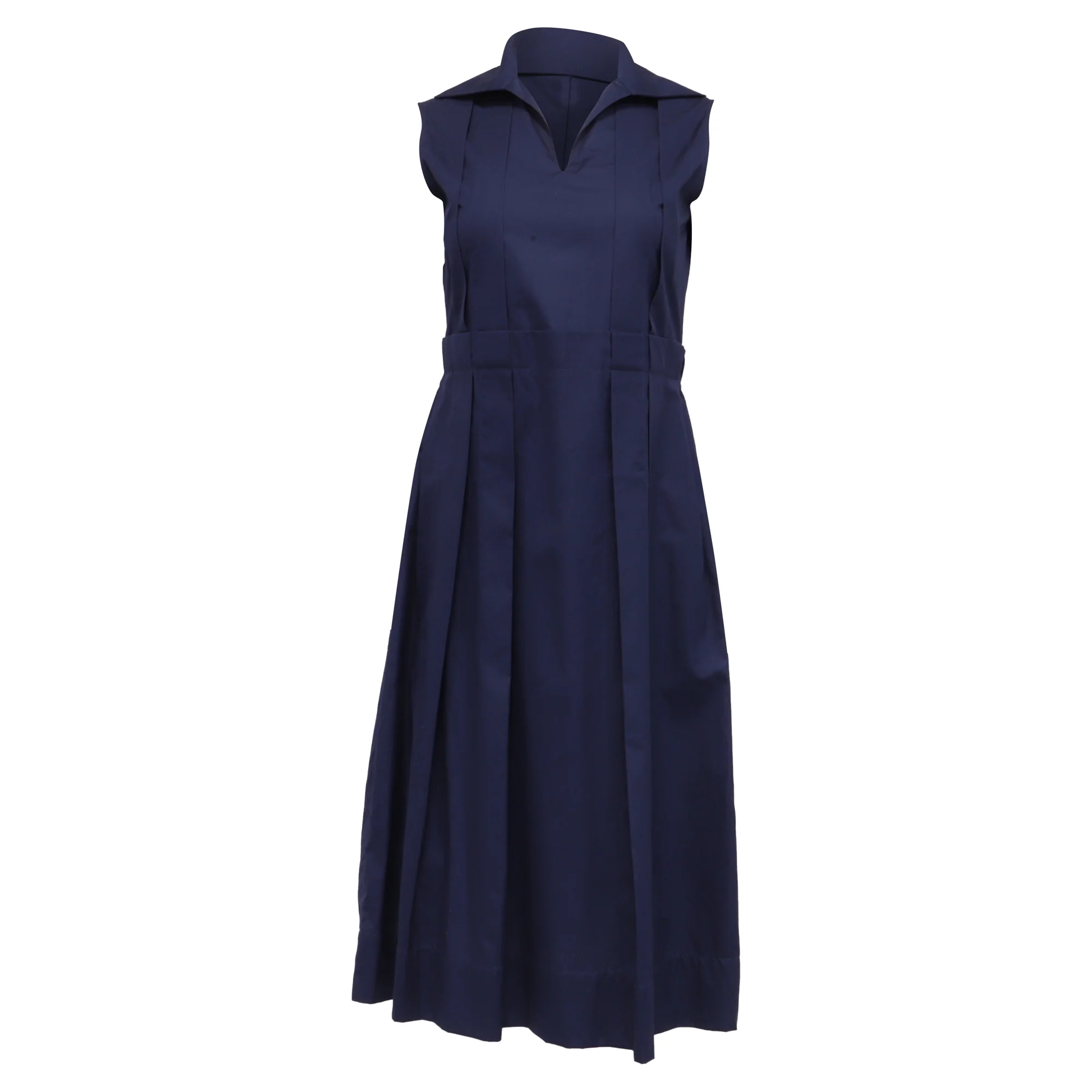 Women's Marni Open-Collar Pleated Midi Dress in Navy Blue Cotton