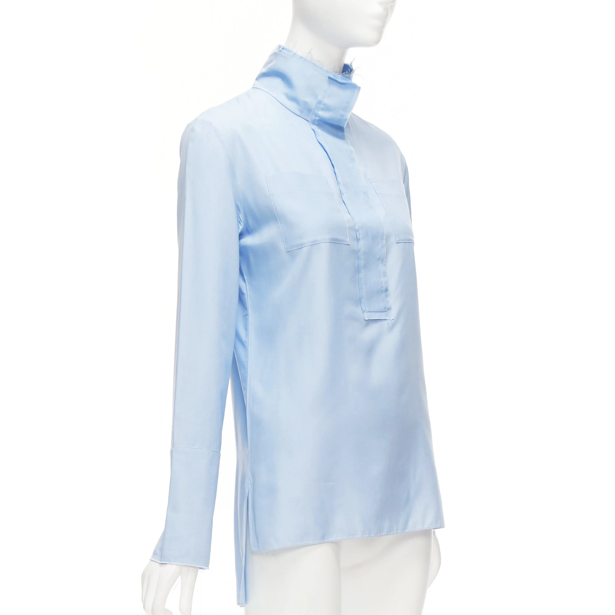 Women's Marni Silk Raw Edge Collar Pocketed High Low Hem Shirt - Image 9