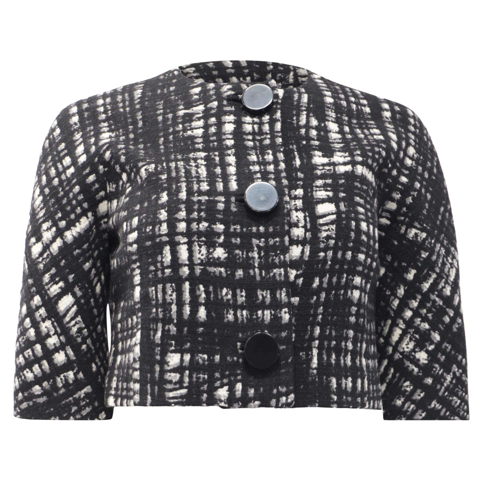 Women's Michael Kors Single-Breasted Tweed Cropped Blazer in Black Wool